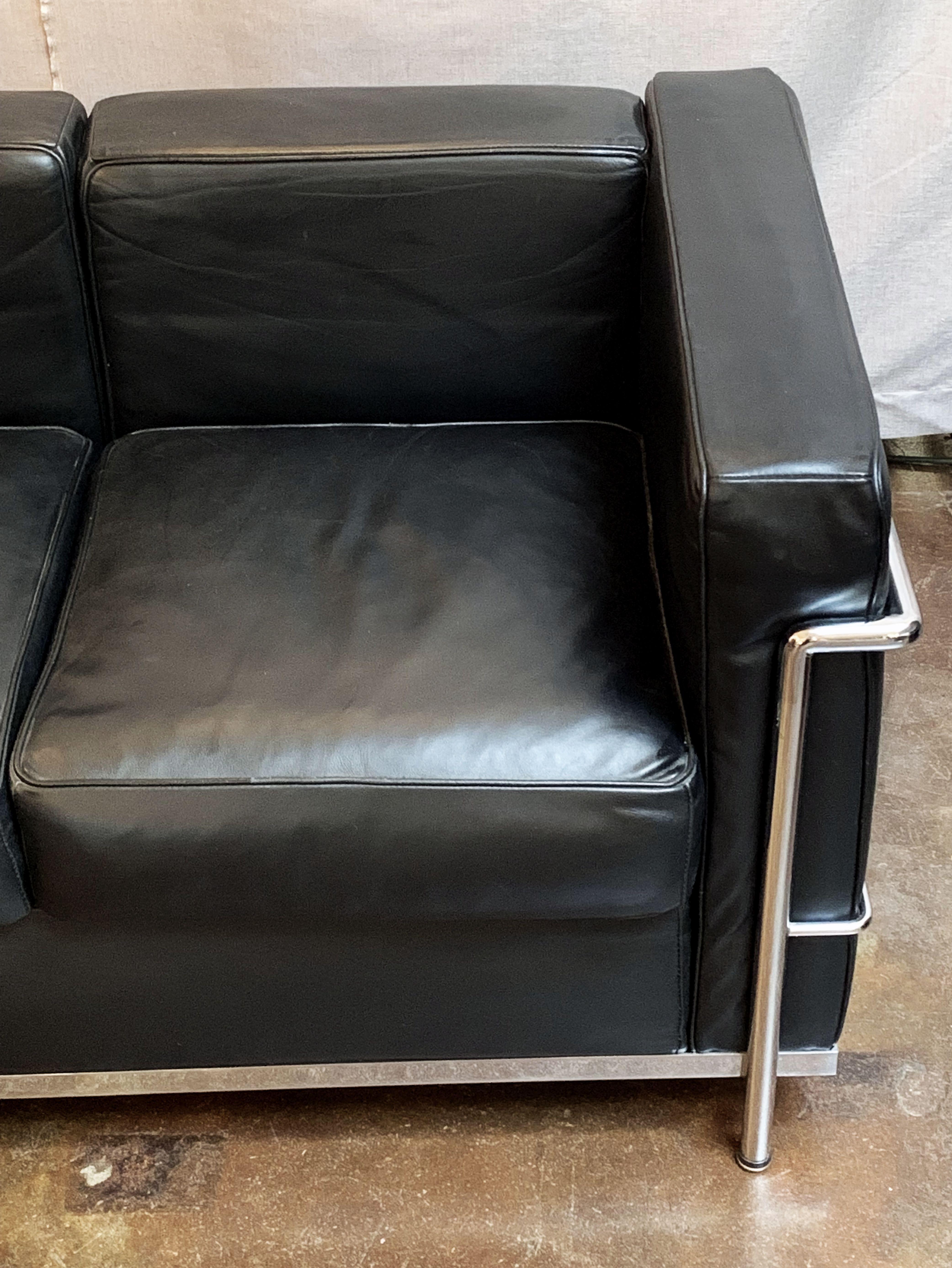 Le Corbusier Style Black Leather and Chrome Two-Seat Sofa 4