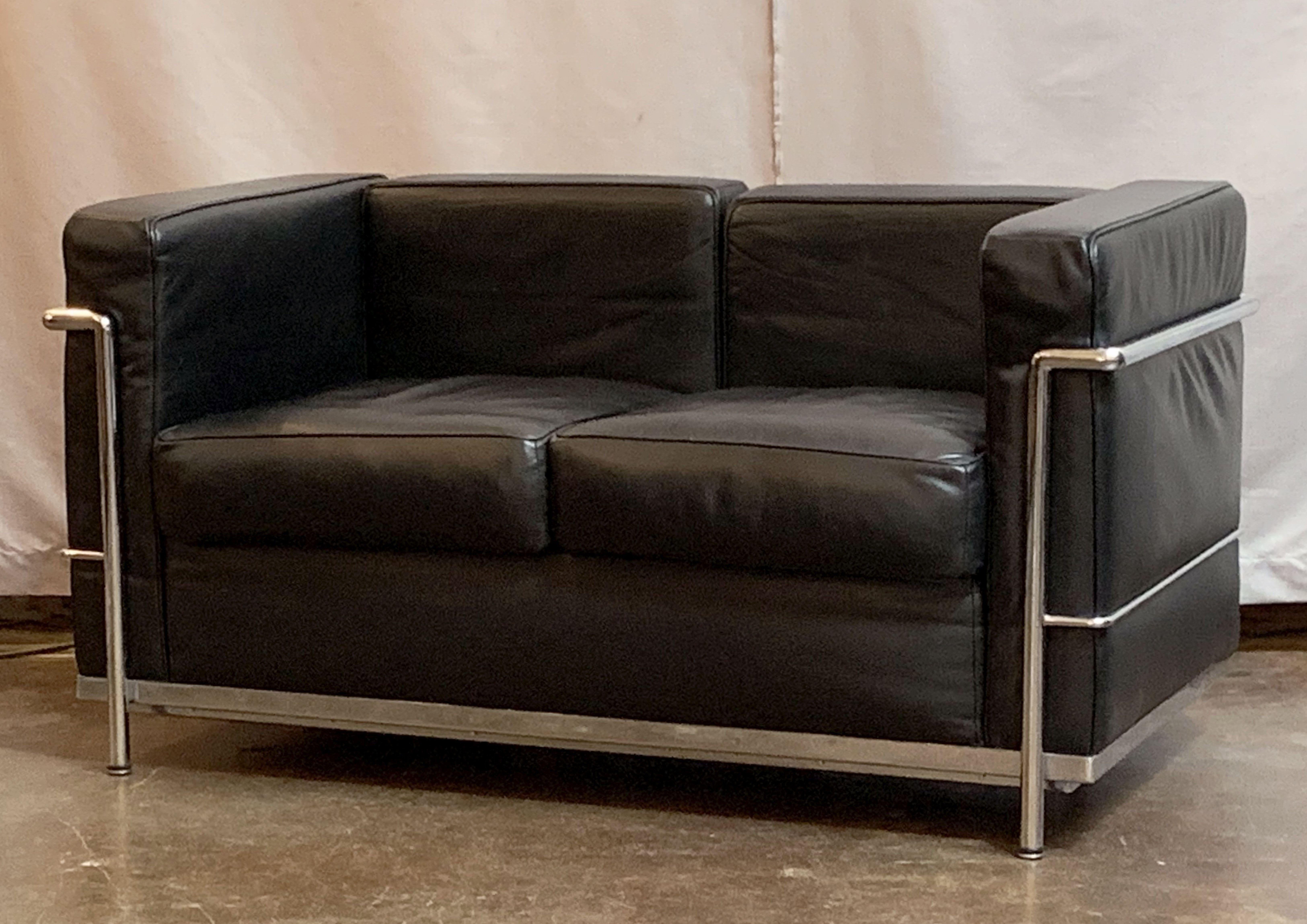 French Le Corbusier Style Black Leather and Chrome Two-Seat Sofa