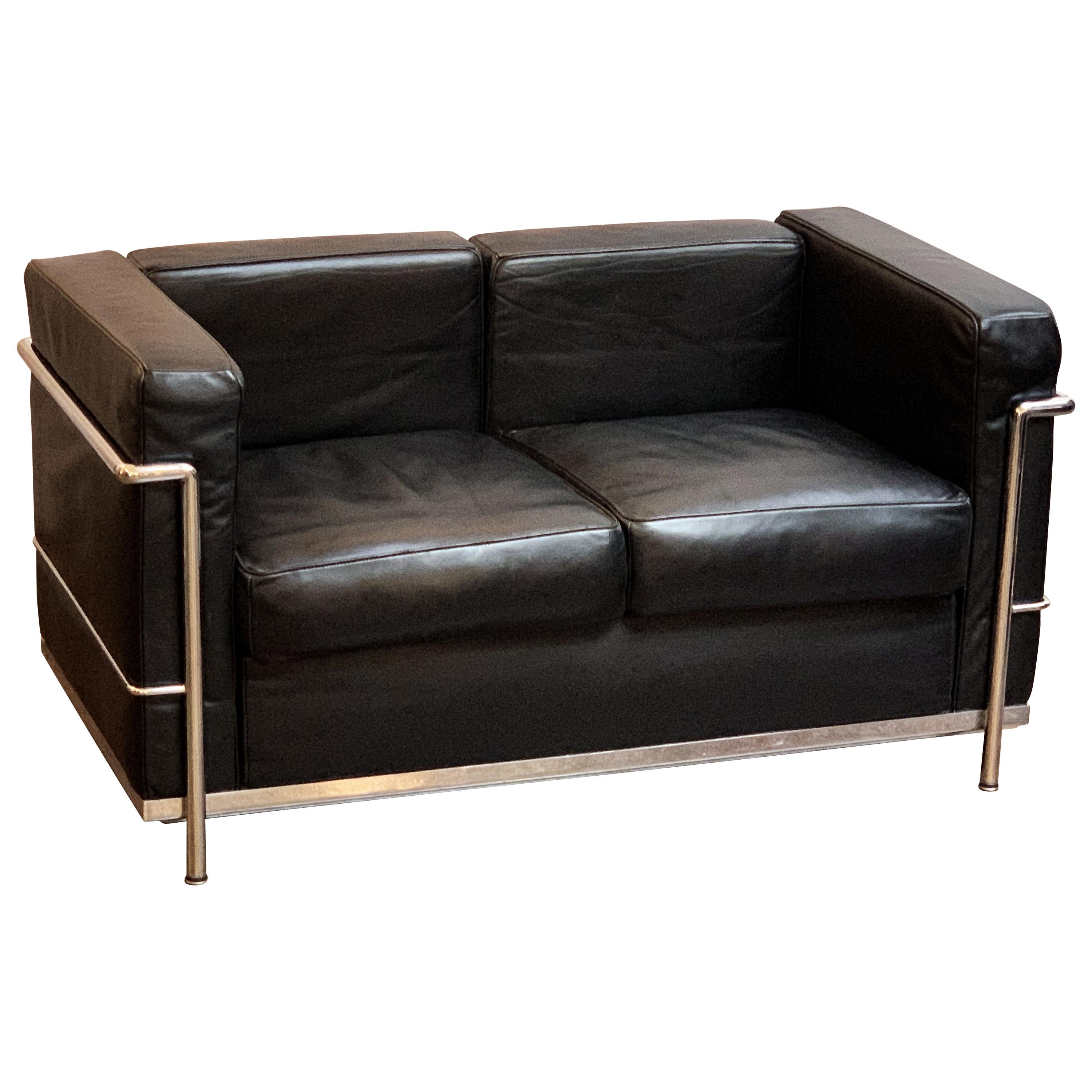 Le Corbusier Style Black Leather and Chrome Two-Seat Sofa