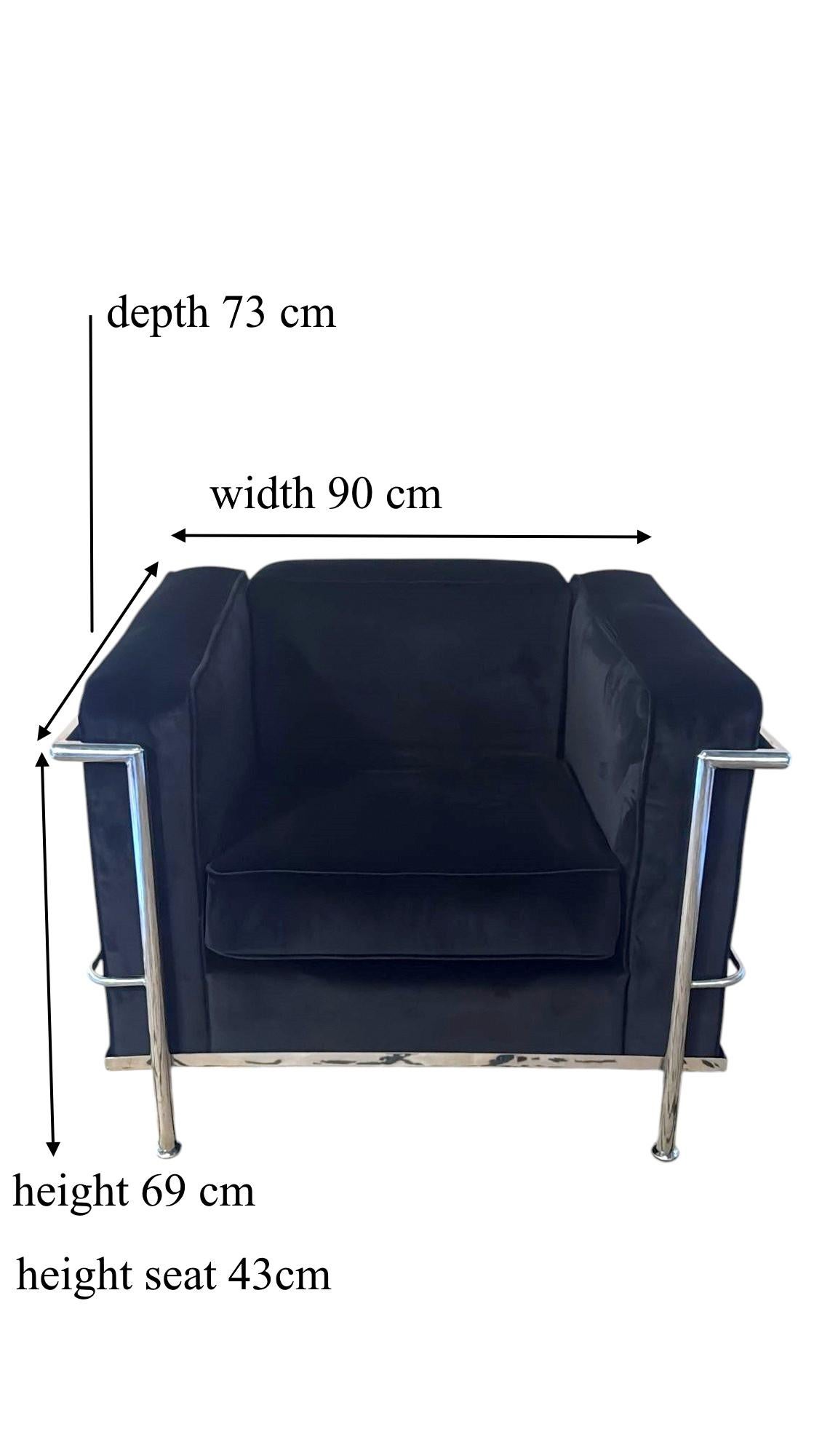 Le Corbusier Style Italian Armchair in Black Velvet with Stainless Steel Frame For Sale 14