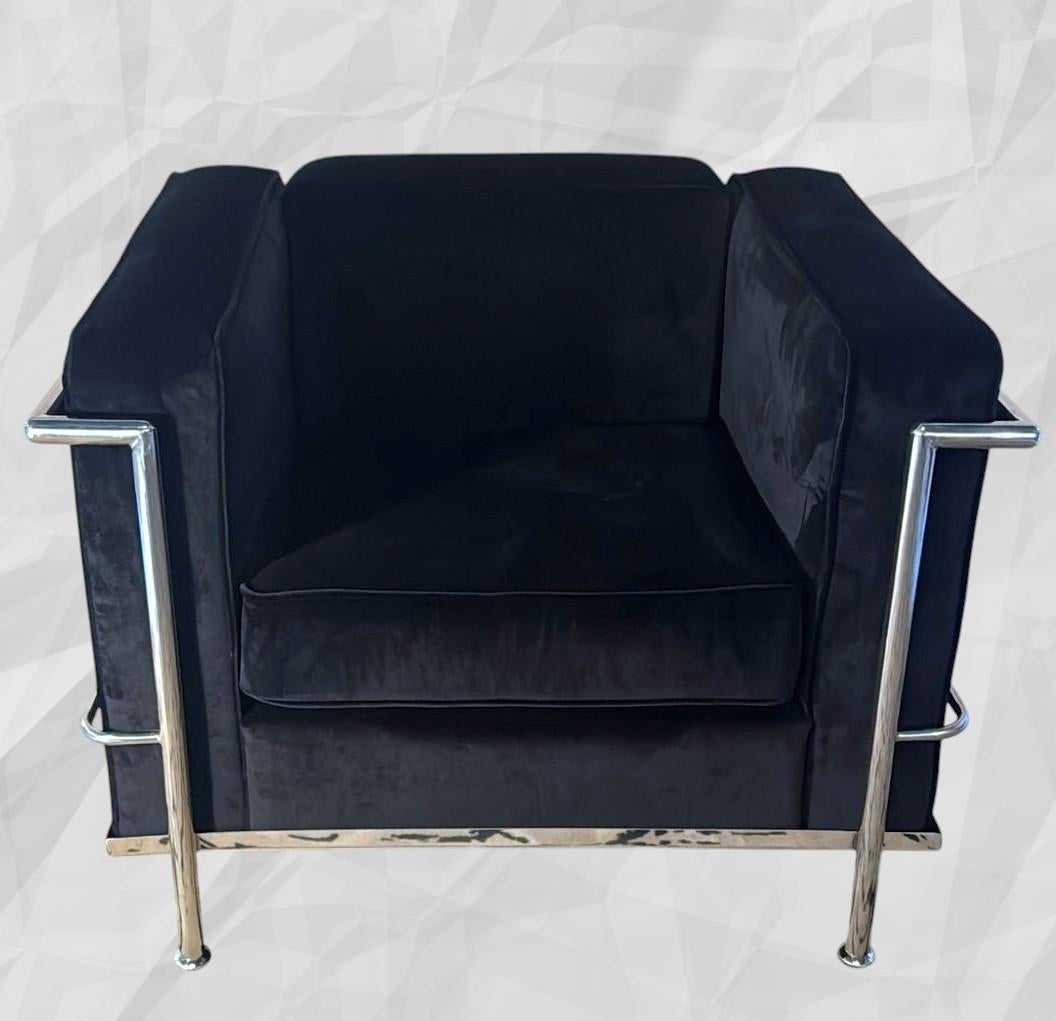 Mid-Century Modern Le Corbusier Style Italian Armchair in Black Velvet with Stainless Steel Frame For Sale