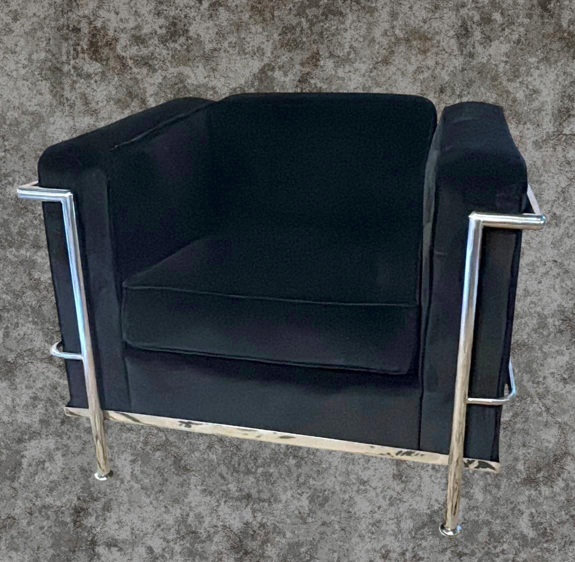 Polished Le Corbusier Style Italian Armchair in Black Velvet with Stainless Steel Frame For Sale