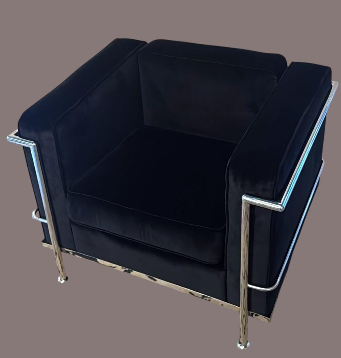 20th Century Le Corbusier Style Italian Armchair in Black Velvet with Stainless Steel Frame For Sale