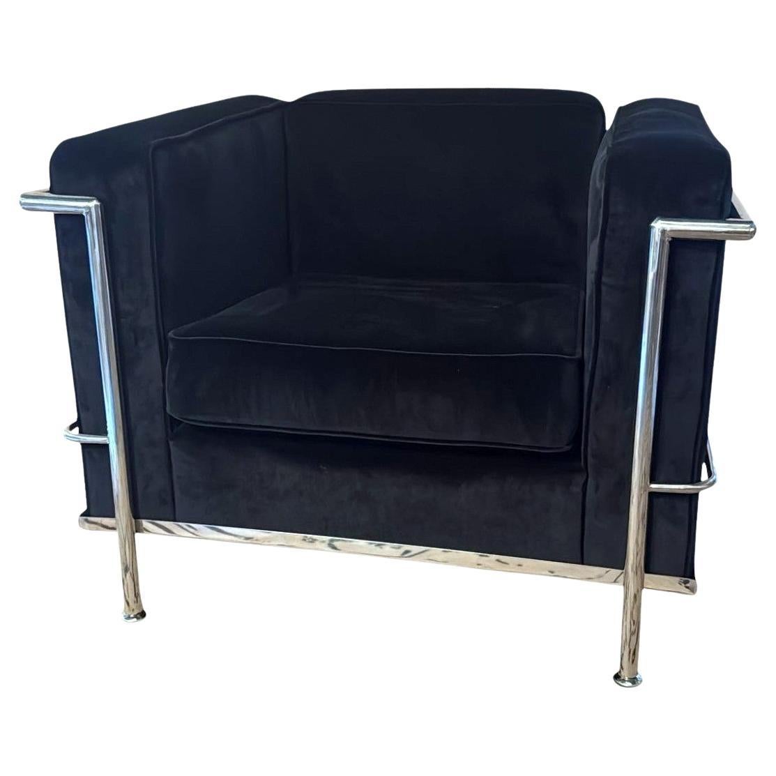 Le Corbusier Style Italian Armchair in Black Velvet with Stainless Steel Frame For Sale