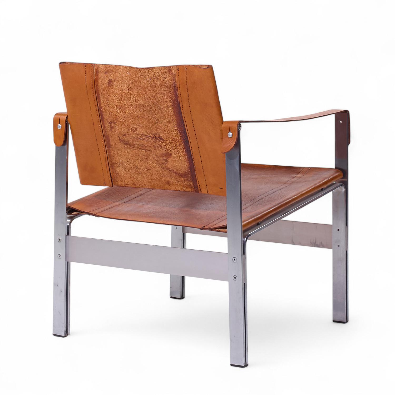 Le Corbusier Style Mid Century Leather and Stainless Steel Sling Lounge Chairs For Sale 5