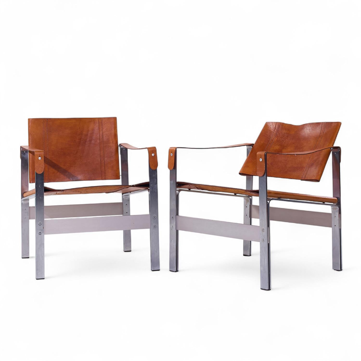 Mid-Century Modern Le Corbusier Style Mid Century Leather and Stainless Steel Sling Lounge Chairs For Sale