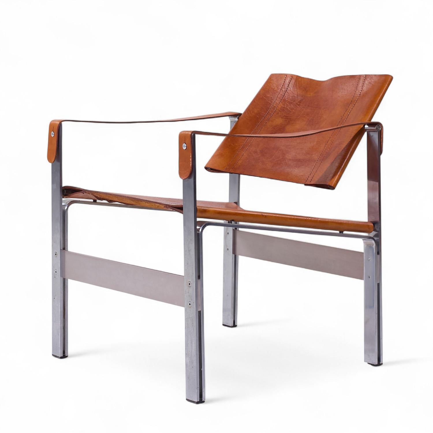 Le Corbusier Style Mid Century Leather and Stainless Steel Sling Lounge Chairs For Sale 1