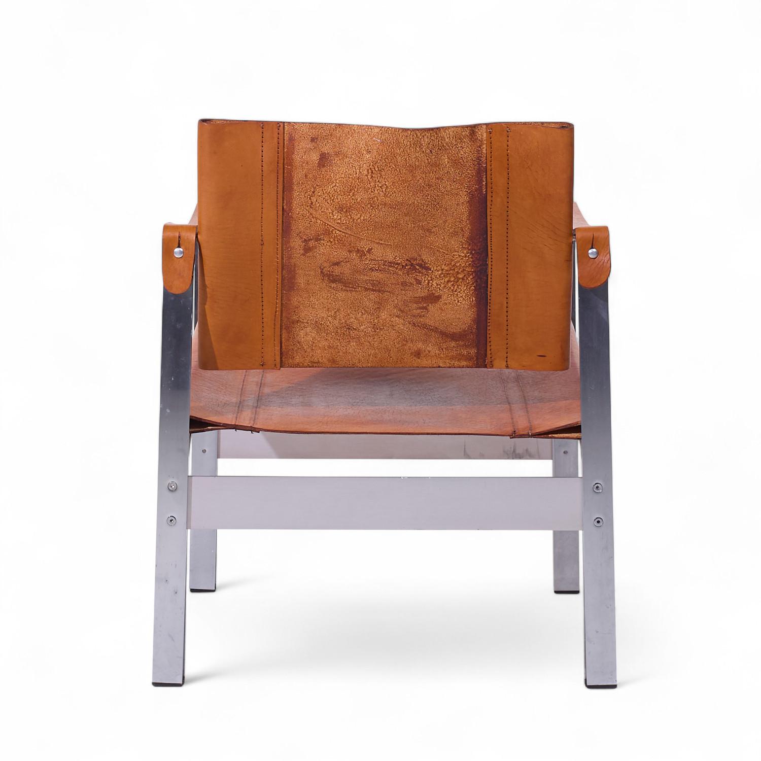 Le Corbusier Style Mid Century Leather and Stainless Steel Sling Lounge Chairs For Sale 4
