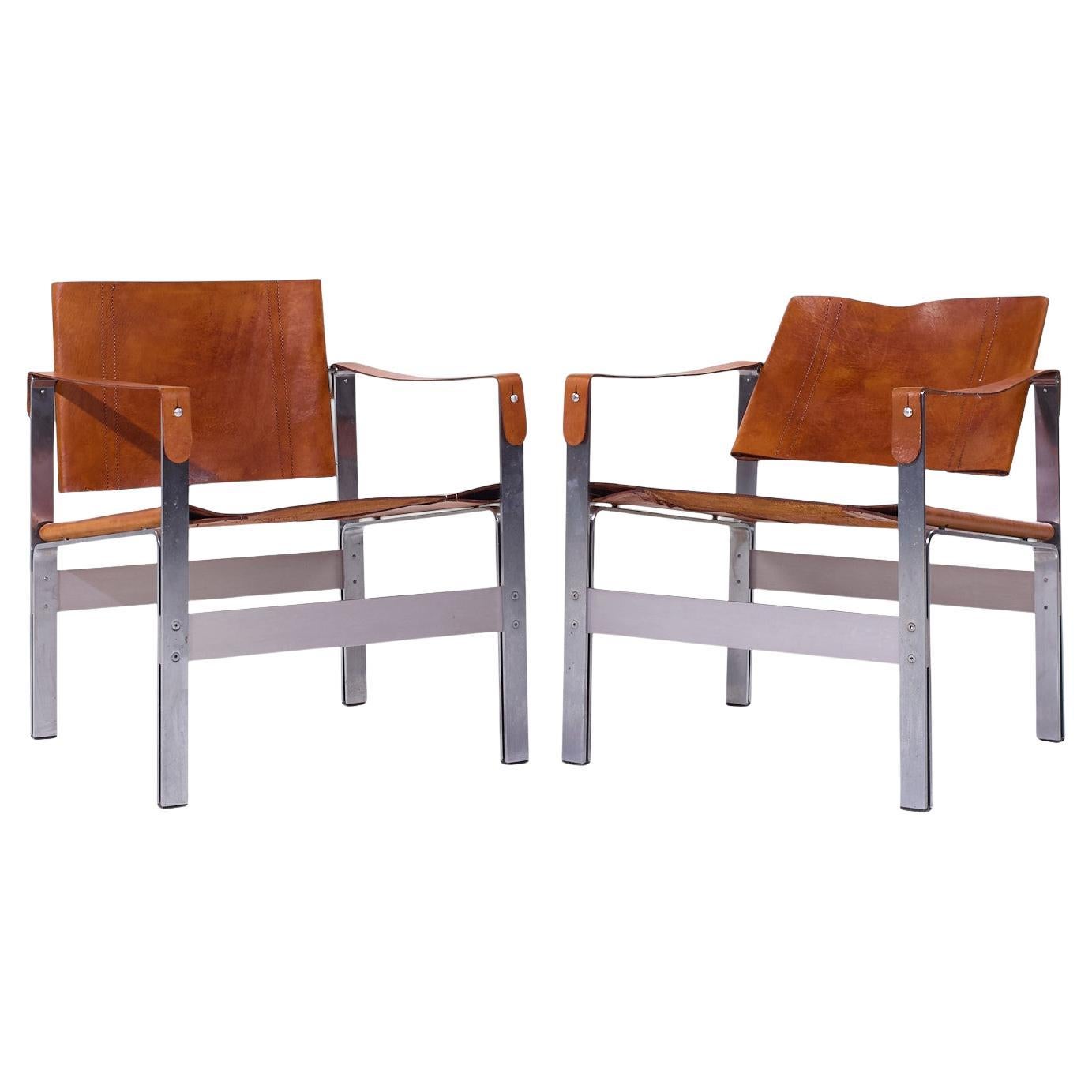 Le Corbusier Style Mid Century Leather and Stainless Steel Sling Lounge Chairs For Sale
