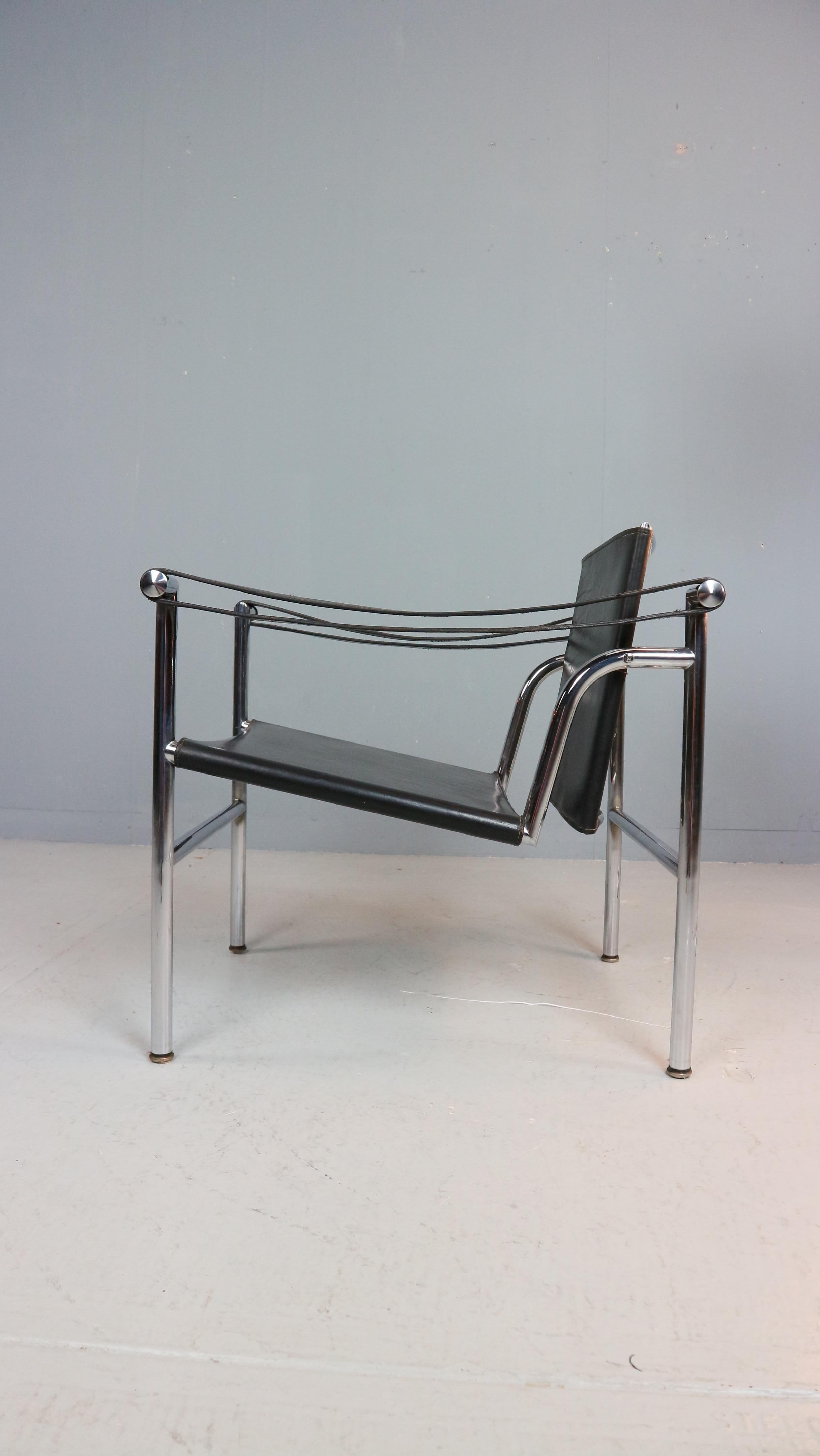 Italian Le Corbusier Vintage Black Leather Armchair Model- LC1 for Cassina, 1970s