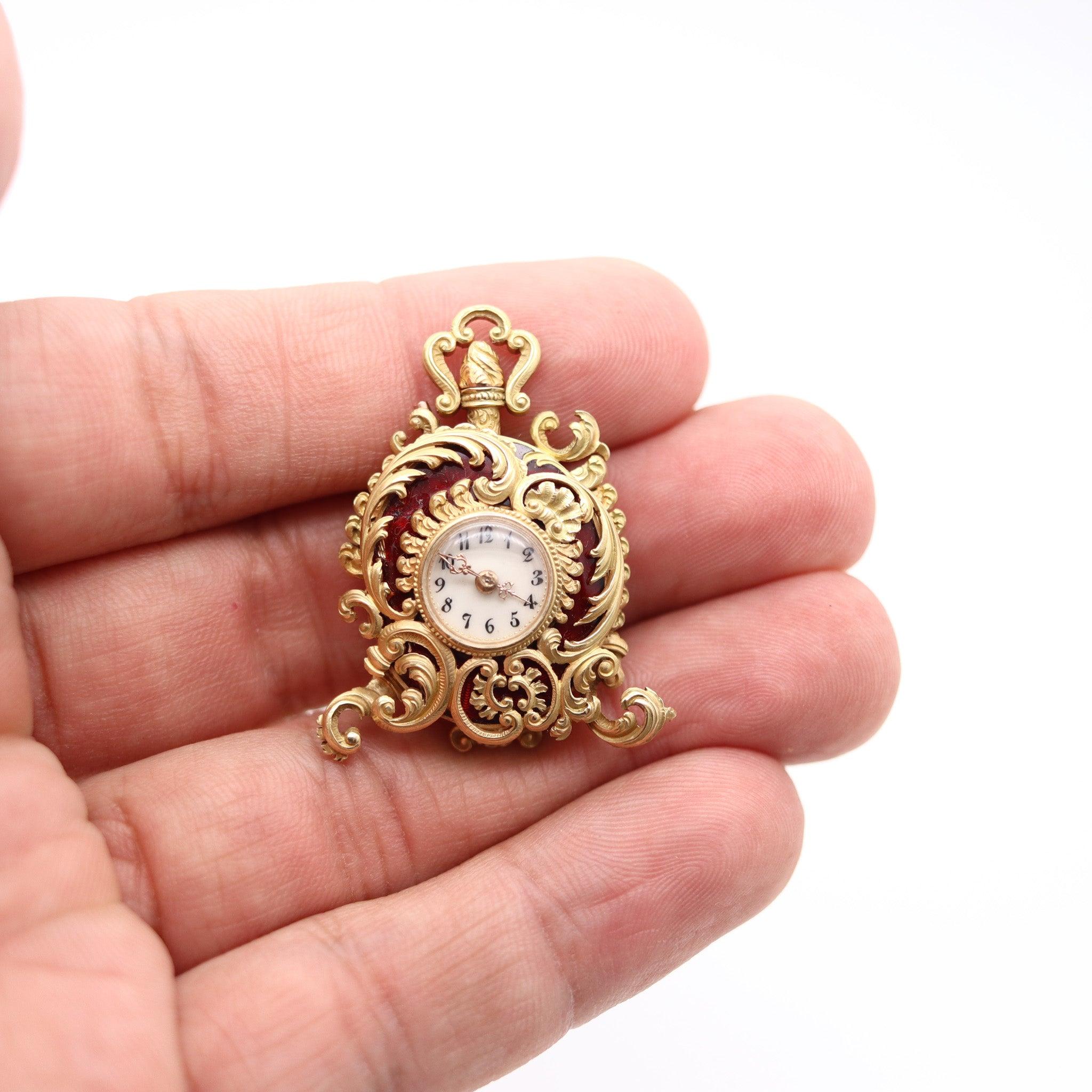 LE COULTRE 1890 Baroque Miniature Pendant Watch in 18Kt Gold & Guilloche Enamel In Excellent Condition For Sale In Miami, FL