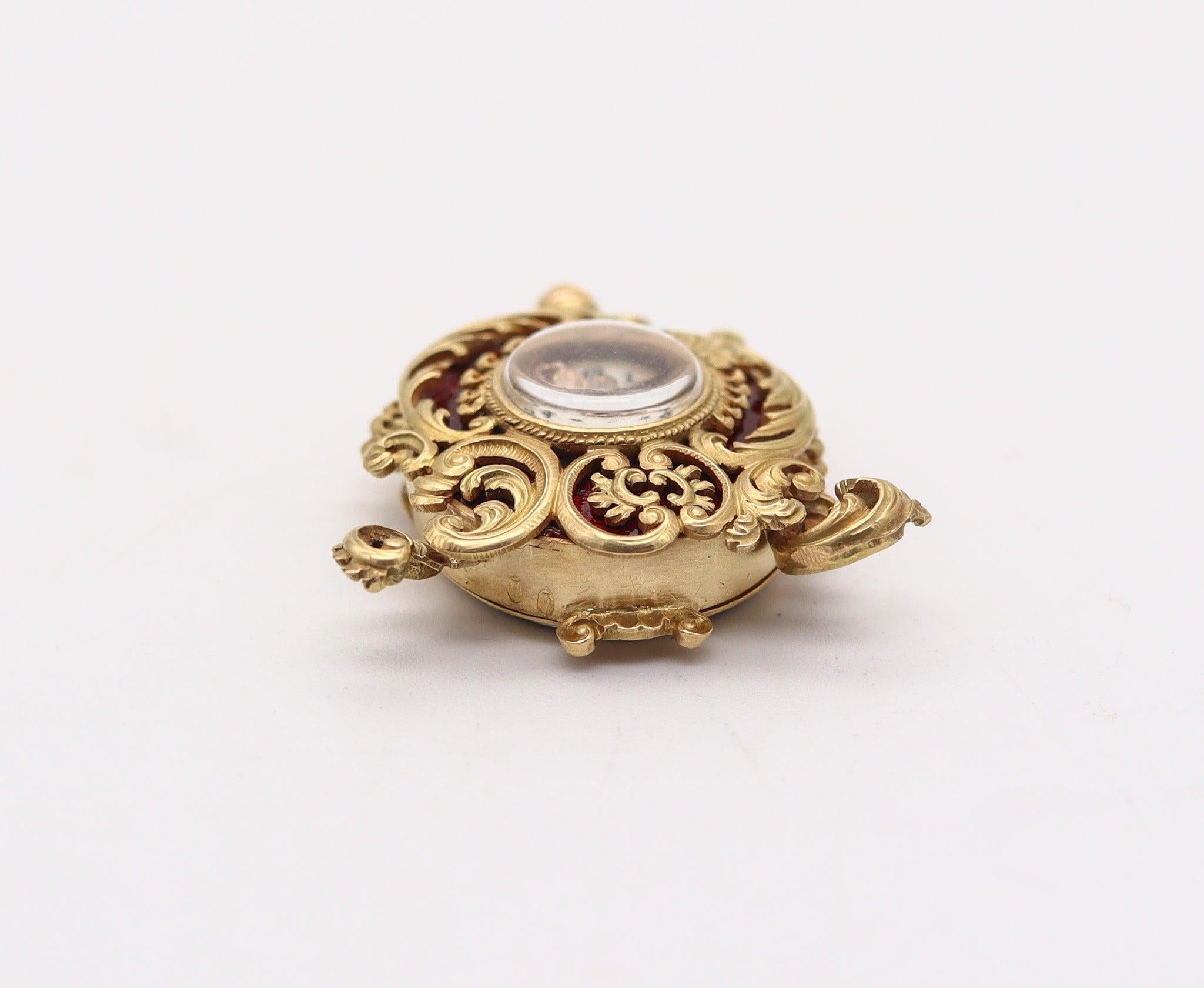 LE COULTRE 1890 Baroque Miniature Pendant Watch in 18Kt Gold & Guilloche Enamel For Sale 1
