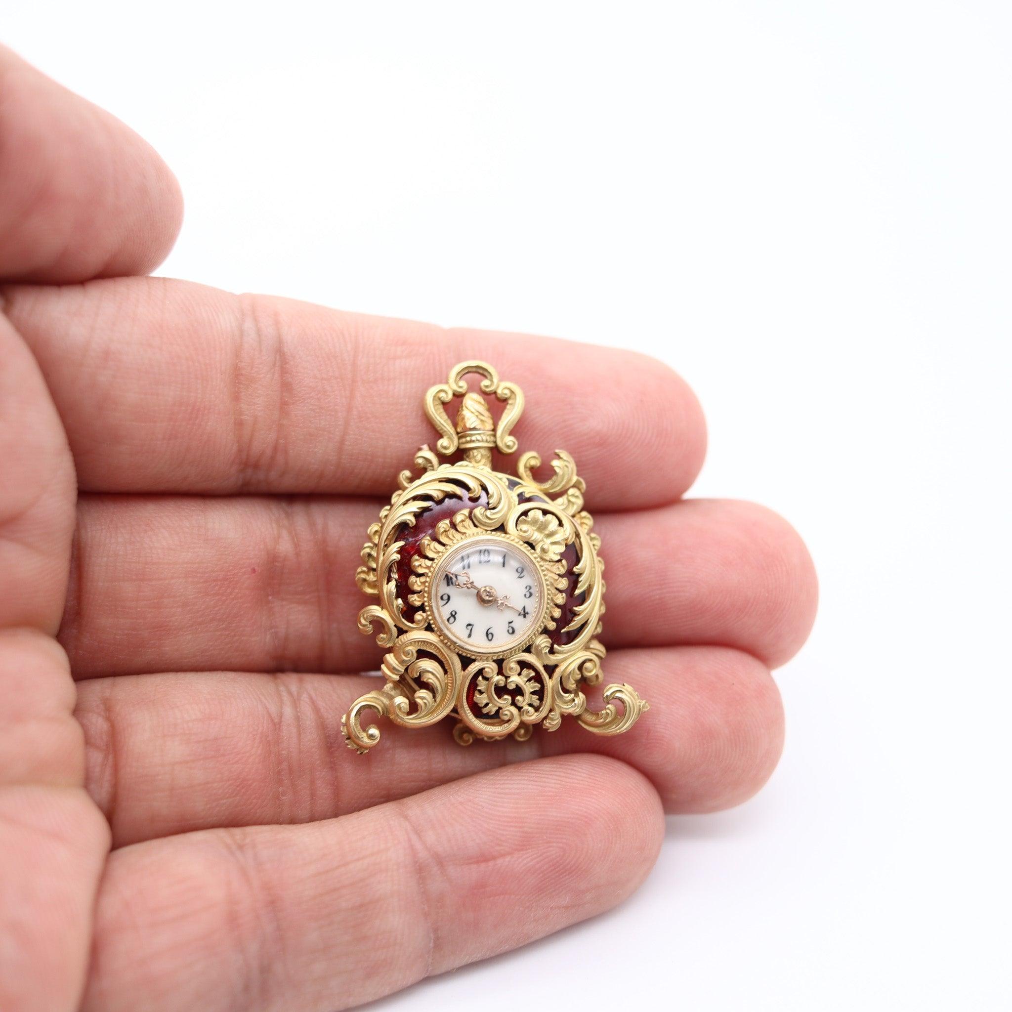 LE COULTRE 1890 Baroque Miniature Pendant Watch in 18Kt Gold & Guilloche Enamel For Sale 2