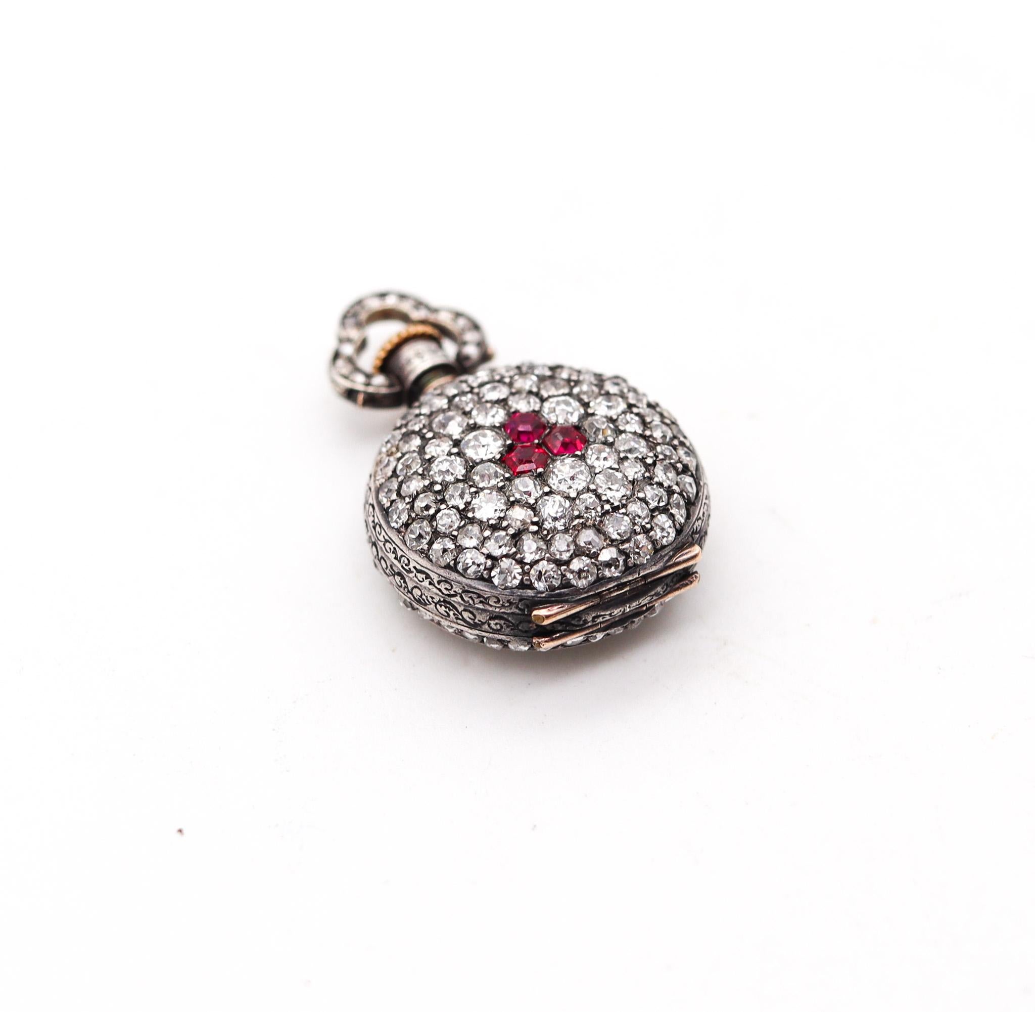 Miniature pendant watch designed by LeCoultre Et Co.

This is a very unusual, very fine and small antique pendant watch crafted LeCoultre El Co. in Switzerland in solid silver with yellow accents. The antique pendant watch is over hundred years old
