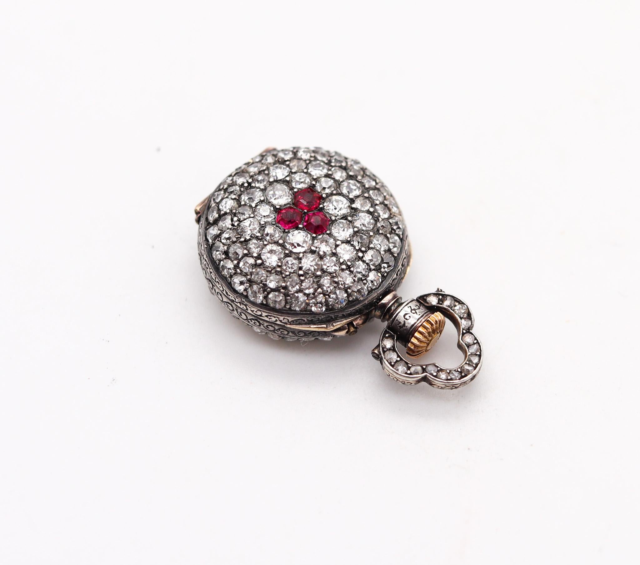 Edwardian Le Coultre 1890 Miniature Pendant Watch Silver With 5.29 Ctw Diamonds & Rubies For Sale