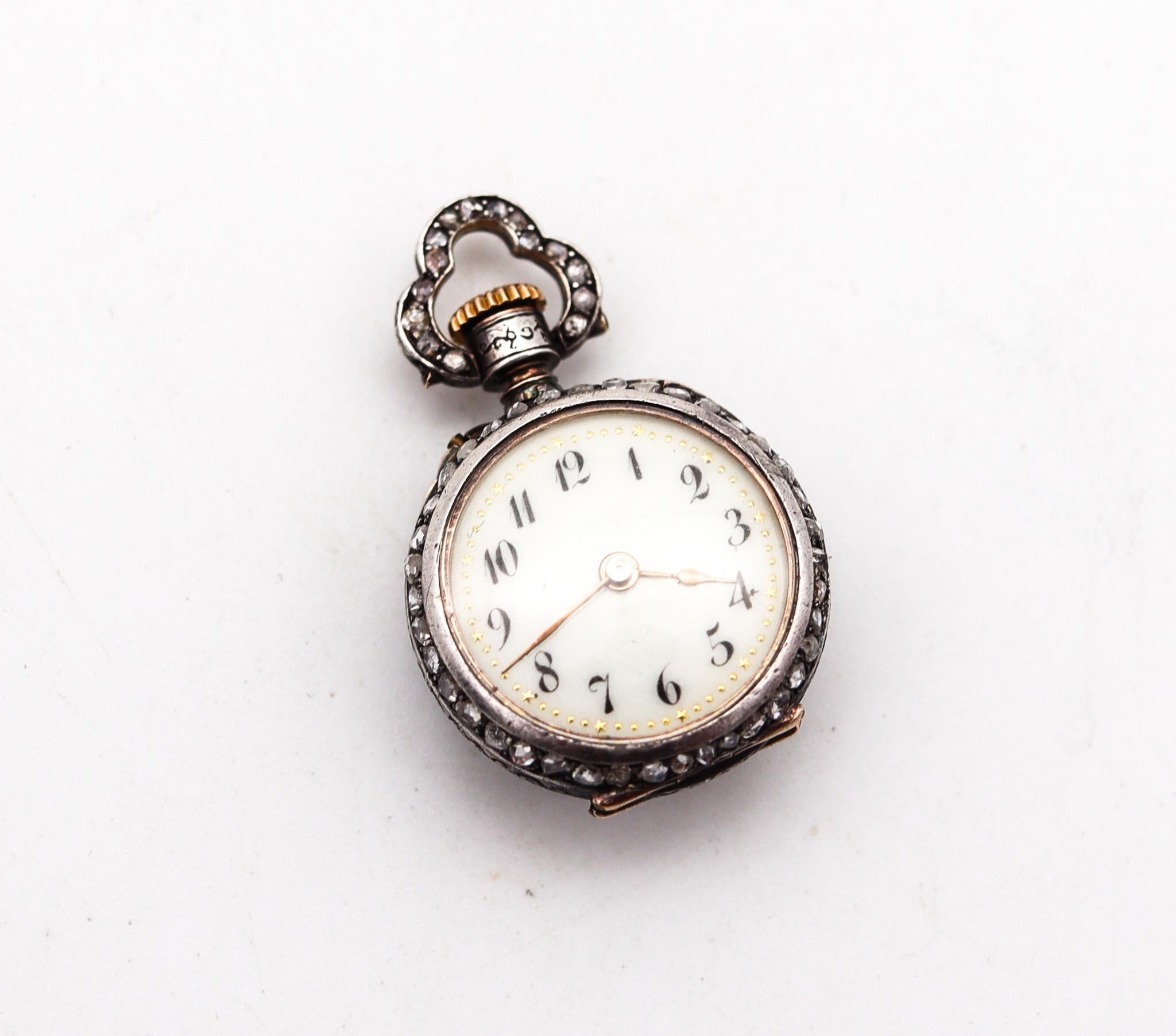 Rose Cut Le Coultre 1890 Miniature Pendant Watch Silver With 5.29 Ctw Diamonds & Rubies For Sale