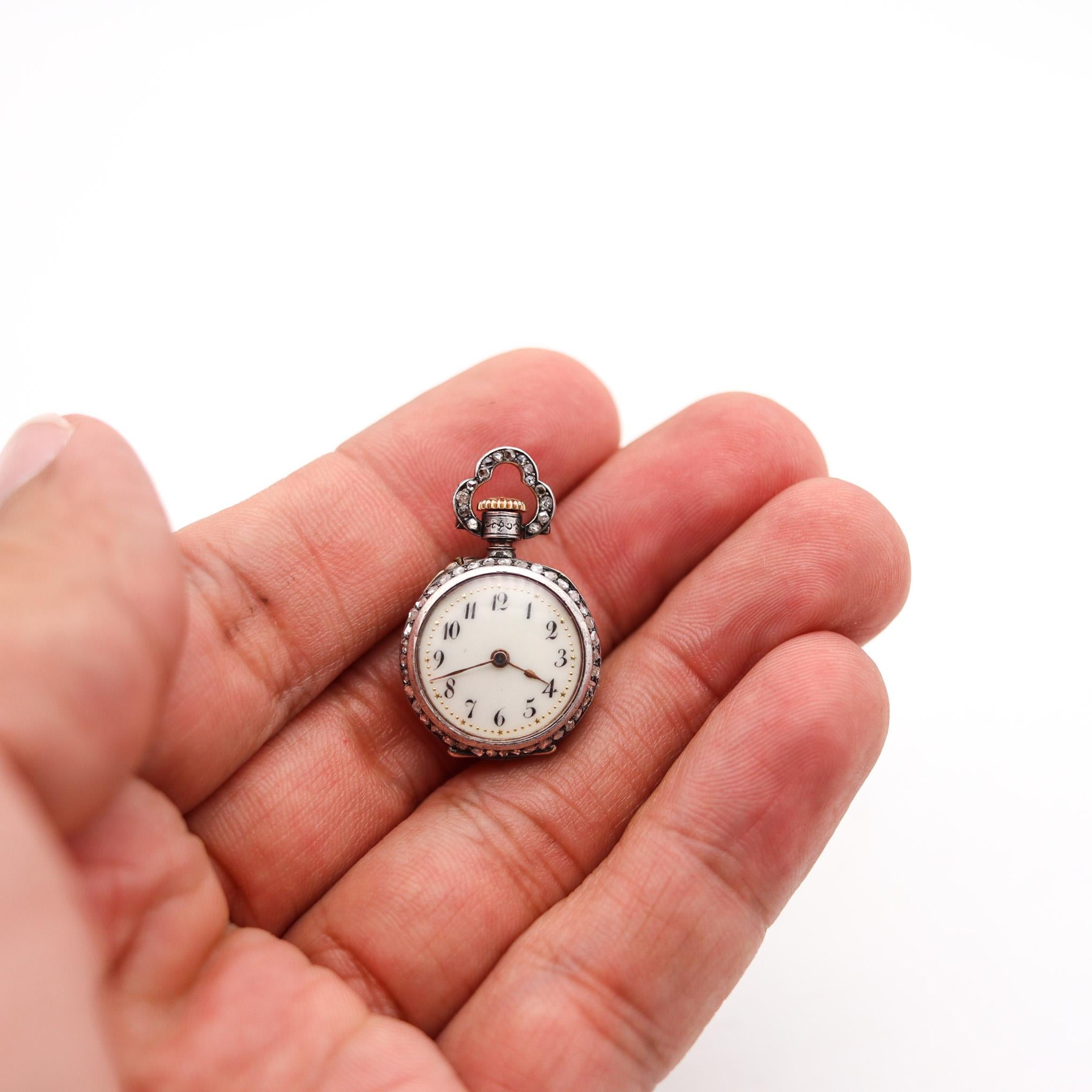 Le Coultre 1890 Miniature Pendant Watch Silver With 5.29 Ctw Diamonds & Rubies In Excellent Condition For Sale In Miami, FL