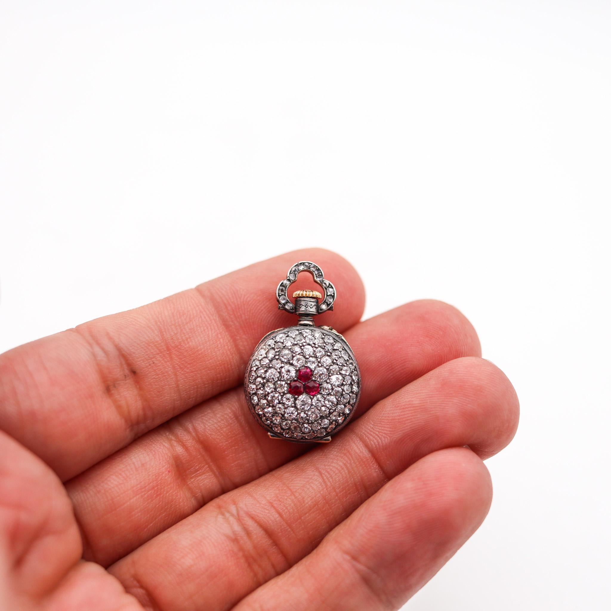 Women's or Men's Le Coultre 1890 Miniature Pendant Watch Silver With 5.29 Ctw Diamonds & Rubies For Sale