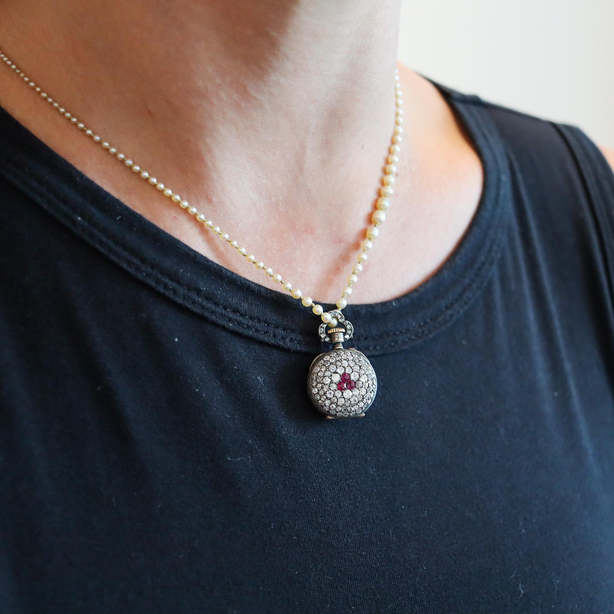 Le Coultre 1890 Miniature Pendant Watch Silver With 5.29 Ctw Diamonds & Rubies For Sale 1