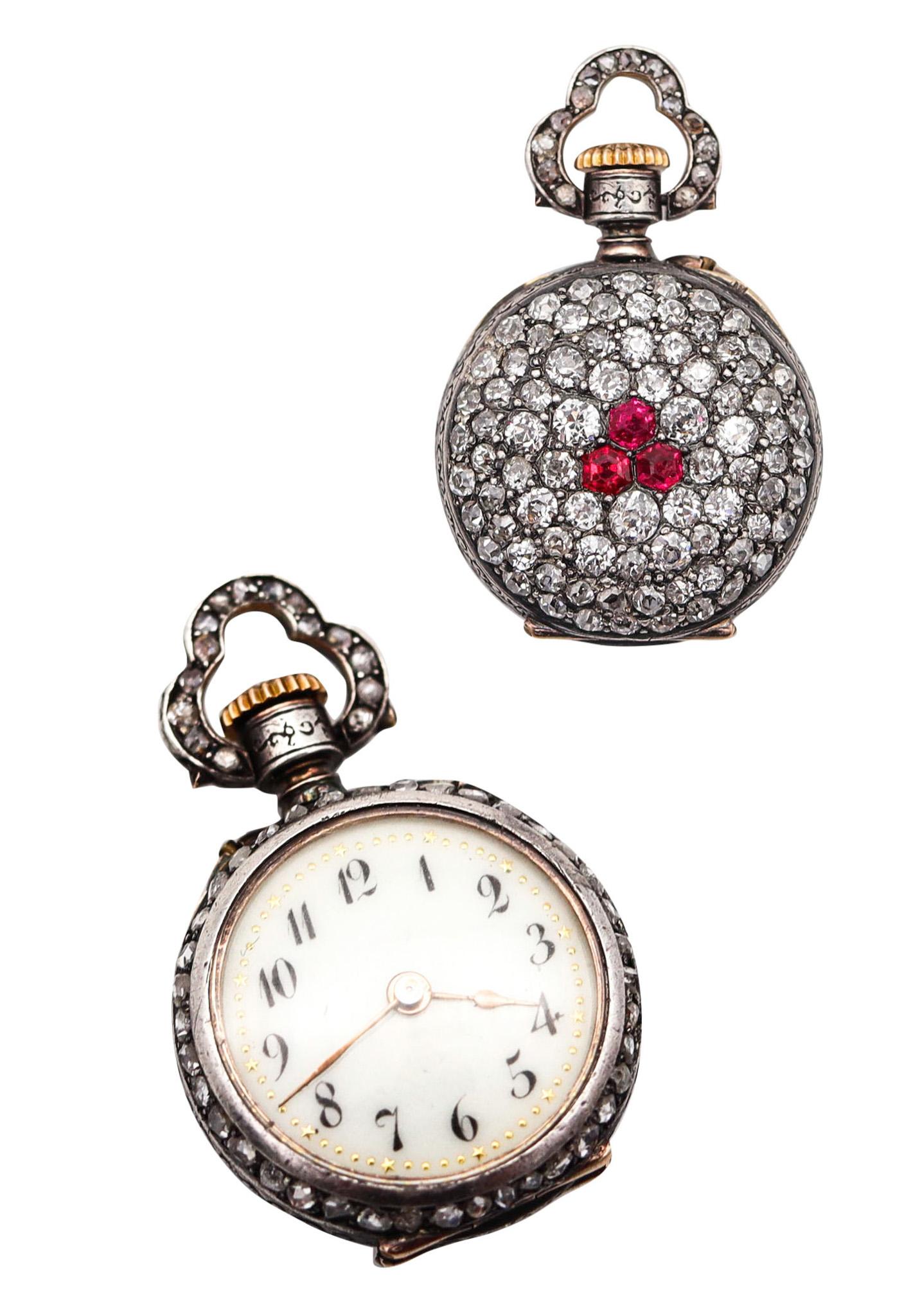 Le Coultre 1890 Miniature Pendant Watch Silver With 5.29 Ctw Diamonds & Rubies For Sale