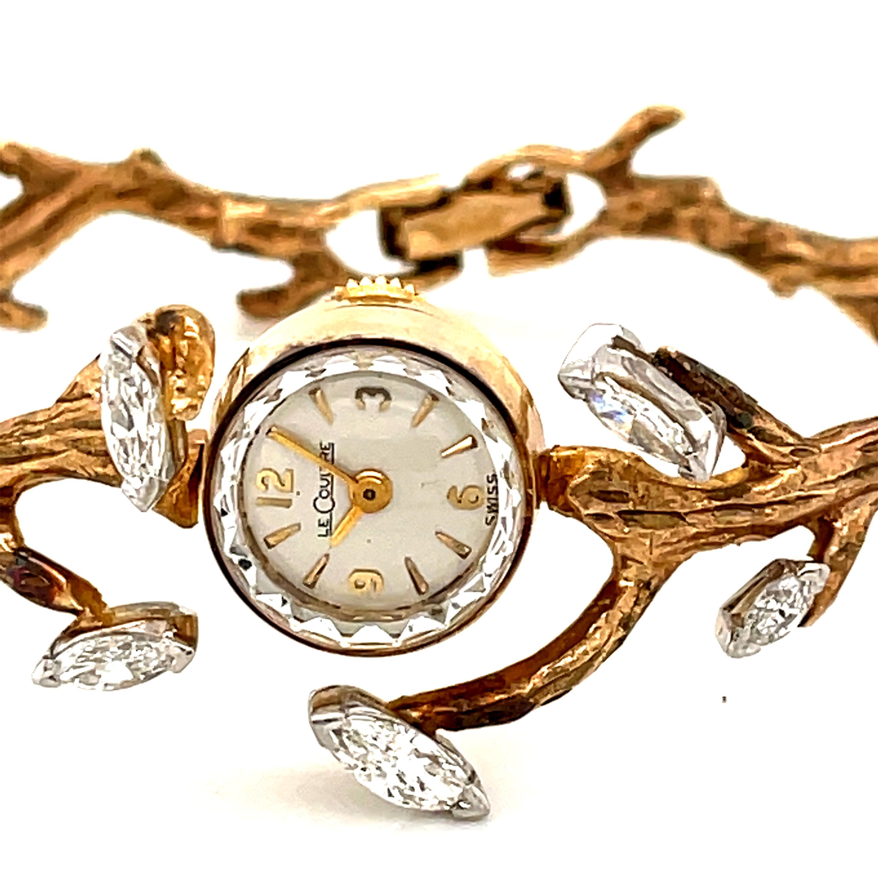 Marquise Cut Le Coultre 1950s Vintage Gold and Diamond Ladies Dress Watch