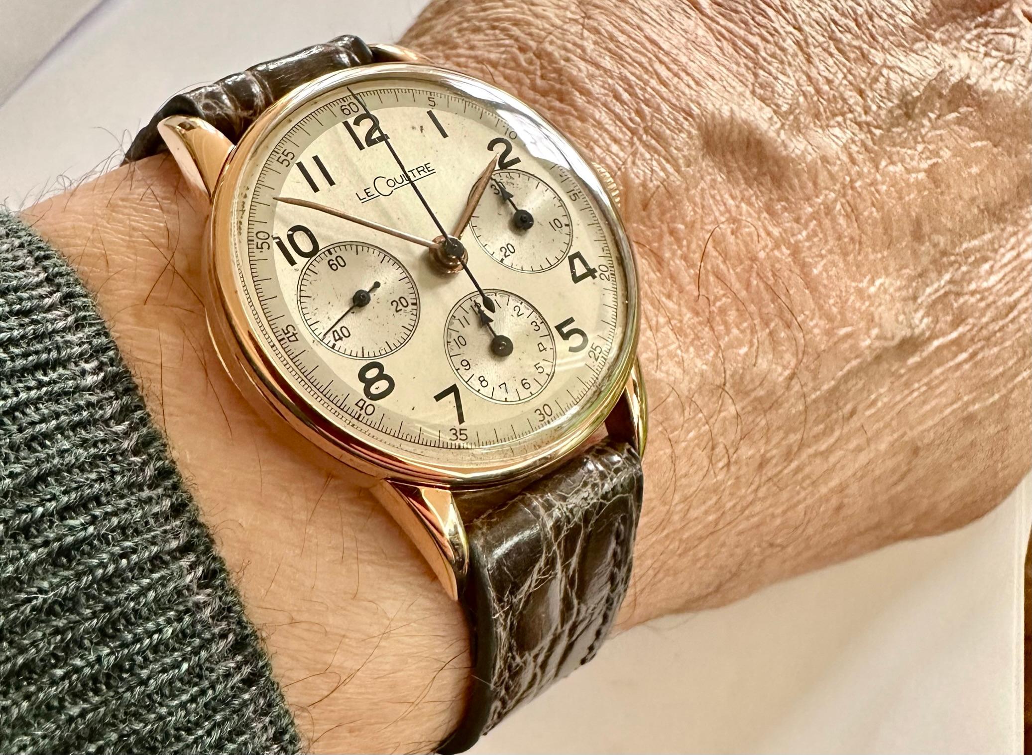 Le Coultre Chronograph-Uhr aus 18 Karat Roségold, Valjoux 72 Uhr, um 1950 7