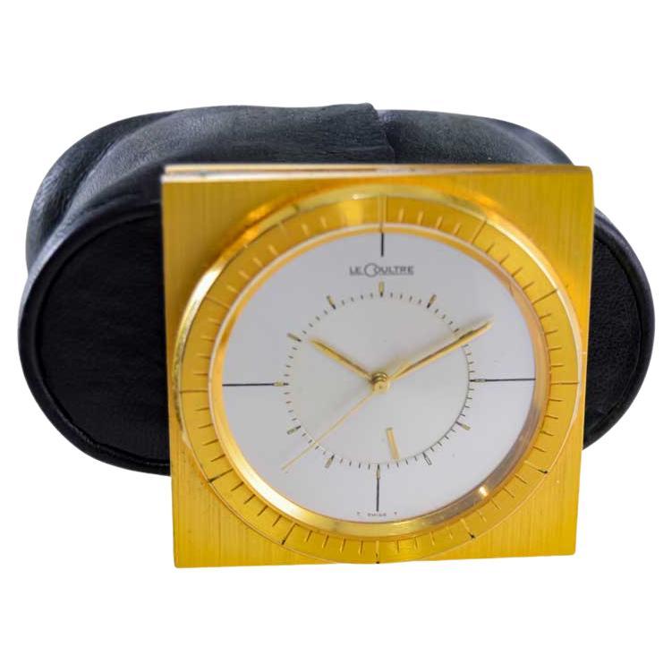 Modernist Le Coultre Gilt Travel Clock 1960s All Original with Original Factory Pouch For Sale