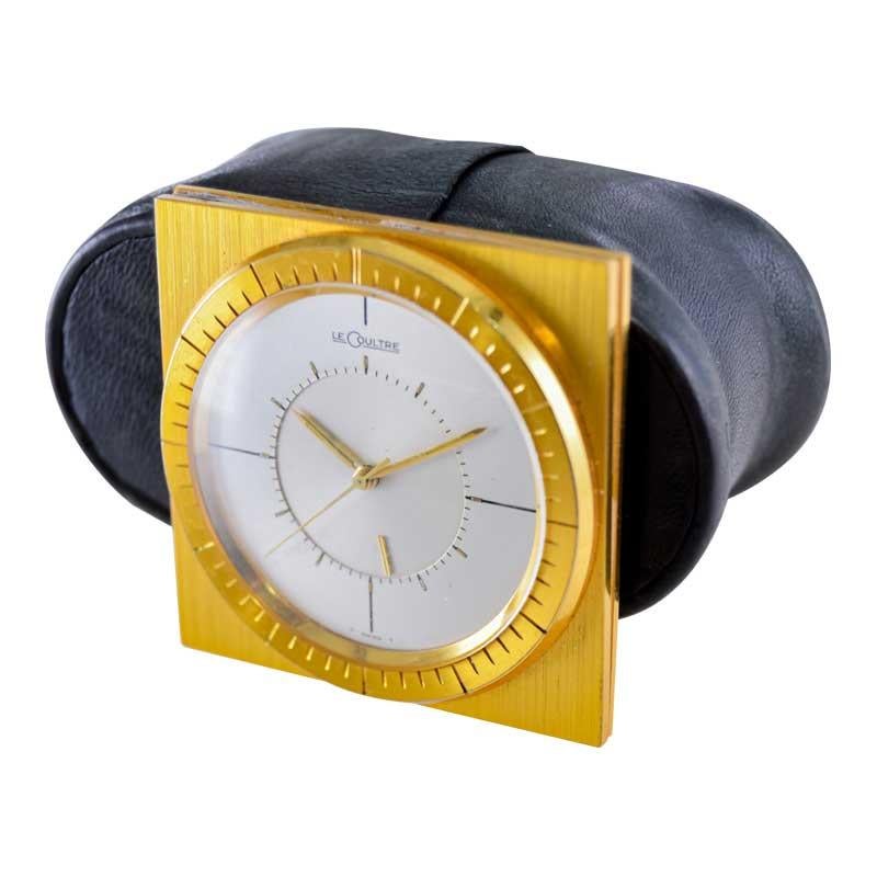 Women's or Men's Le Coultre Gilt Travel Clock 1960s All Original with Original Factory Pouch For Sale