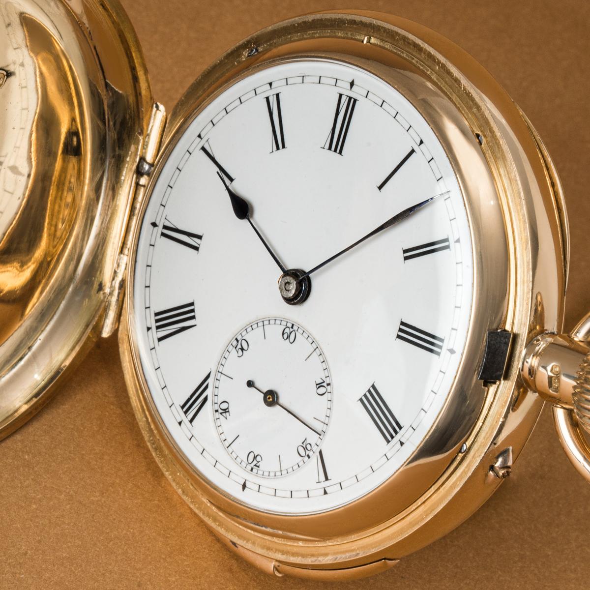 Le Coultre. A Heavy 18ct Gold Keyless Lever Minute Repeater Full Hunter Pocket Watch, C1884.

Dial: The pristine white enamel dial with Roman Numerals outer minute track and subsidiary seconds dial at six o'clock with matching blued steel spade