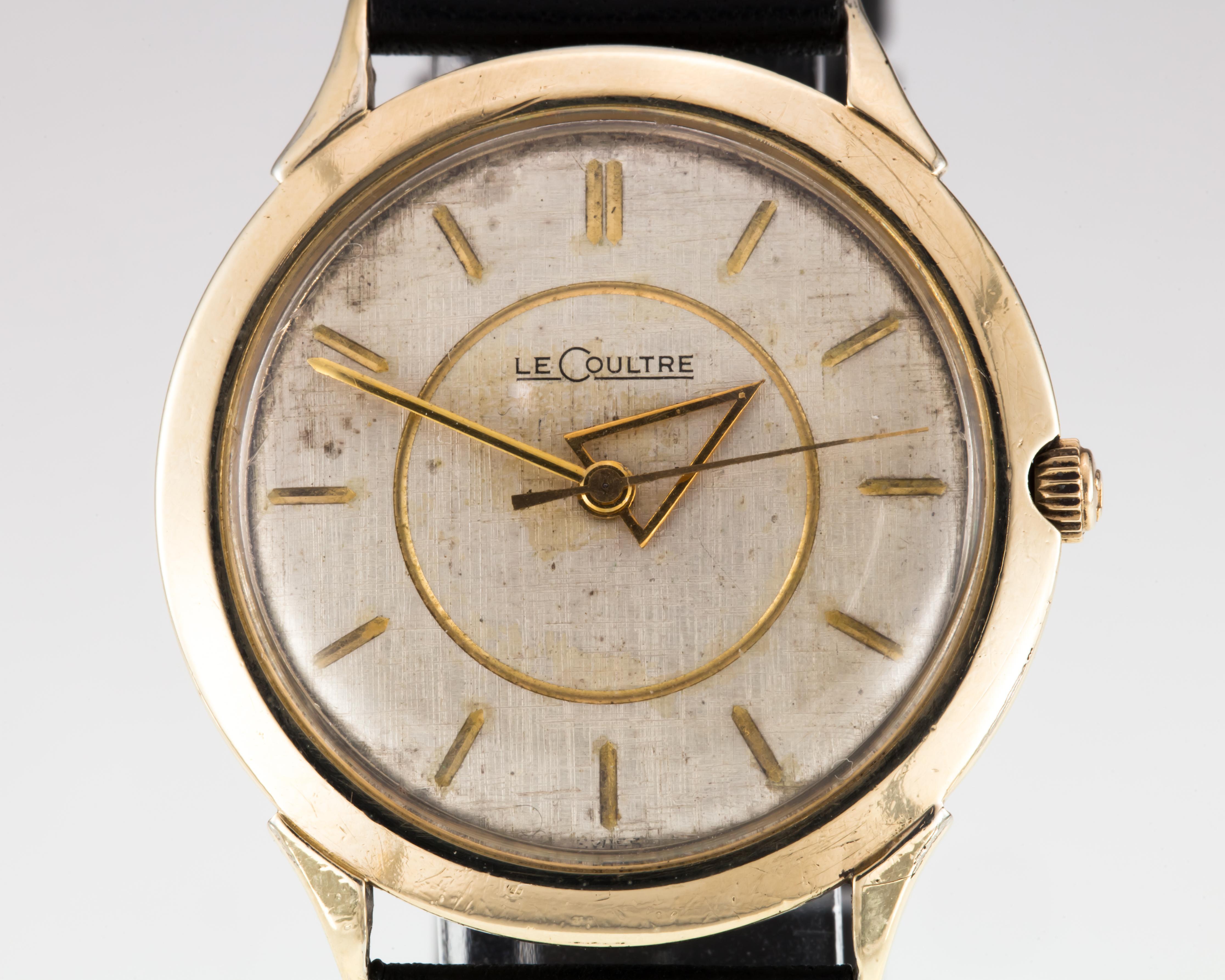 Le Coultre Men's Gold-Filled Hand-Winding Watch w/ Leather Strap Unique Hands!

Movement #K830/CW
Serial #12892XX
Case #703454

Gold-Filled Round Case
33 mm in Diameter (34 mm w/ Crown)
Lug-to-Lug Distance = 40 mm
Lug-to-Lug Width = 18