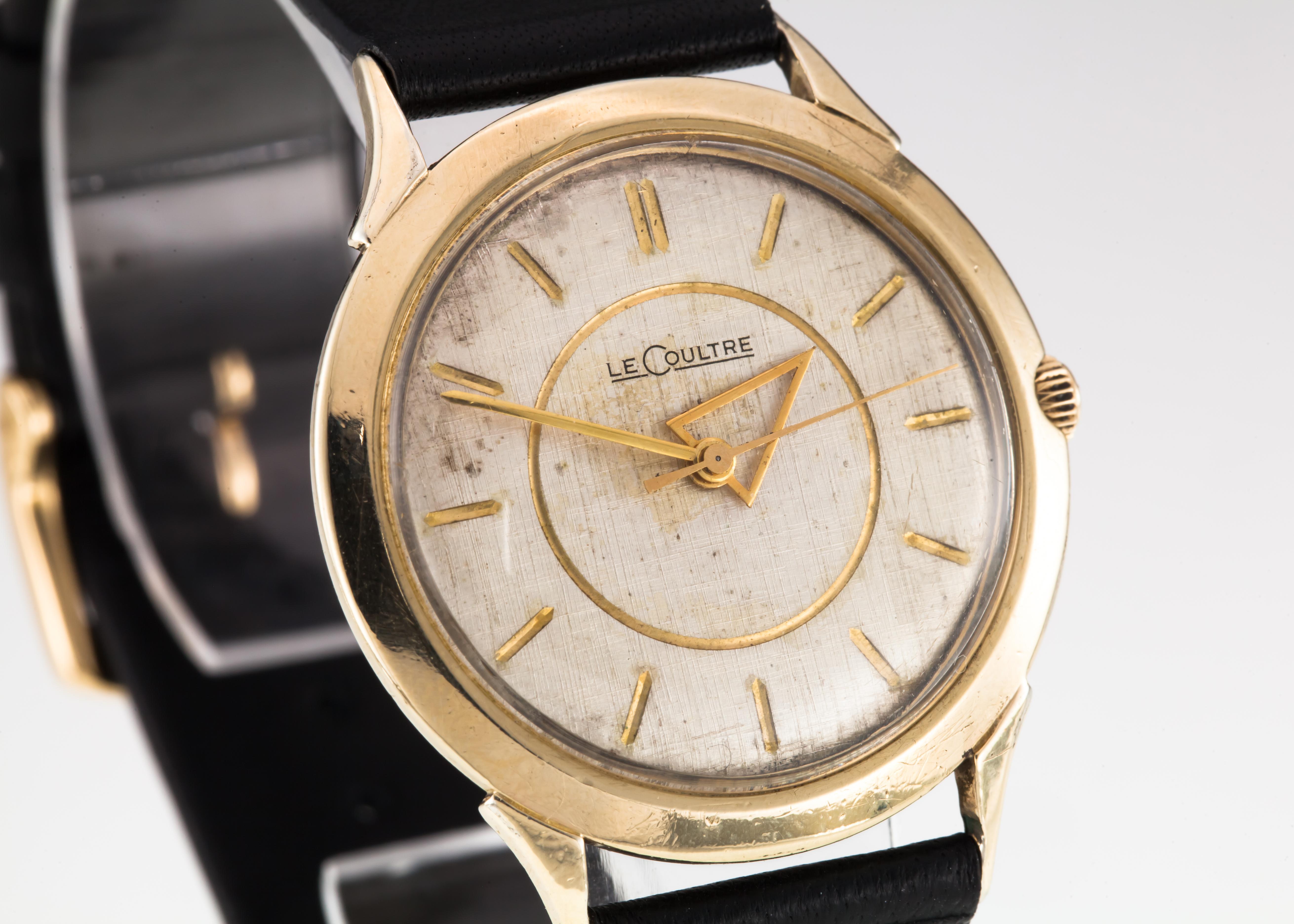 Modern Le Coultre Men's Gold-Filled Hand-Winding Watch w/ Leather Strap Unique Hands! For Sale