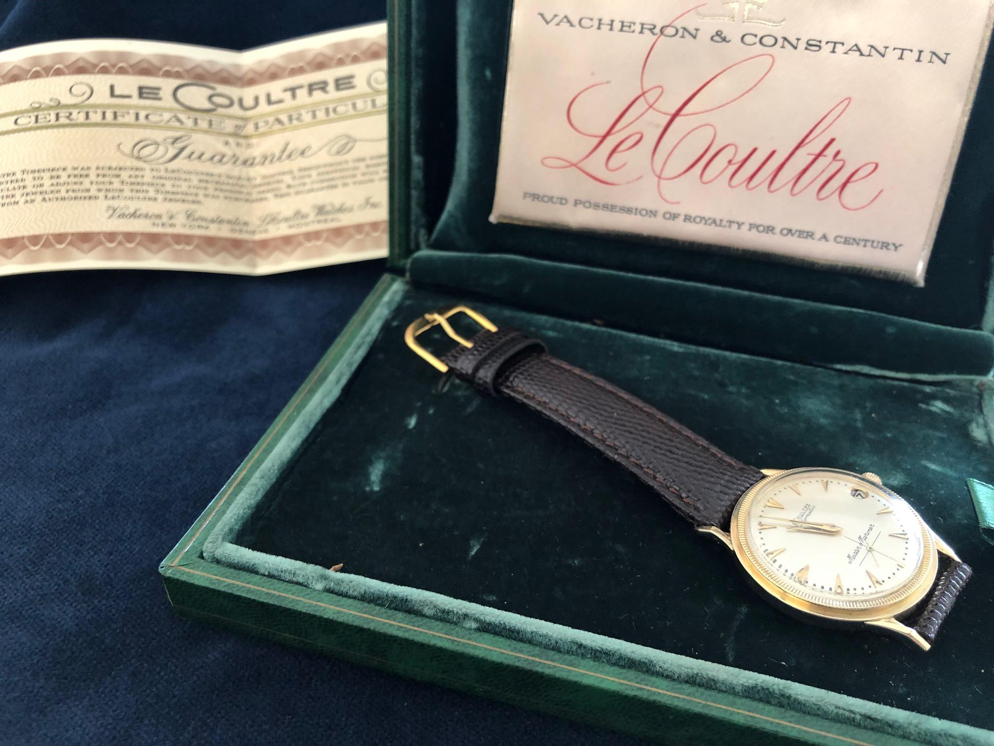 Mid-20th Century Le Coultre Men's Master Mariner 14-Karat Gold Watch with Box and Papers