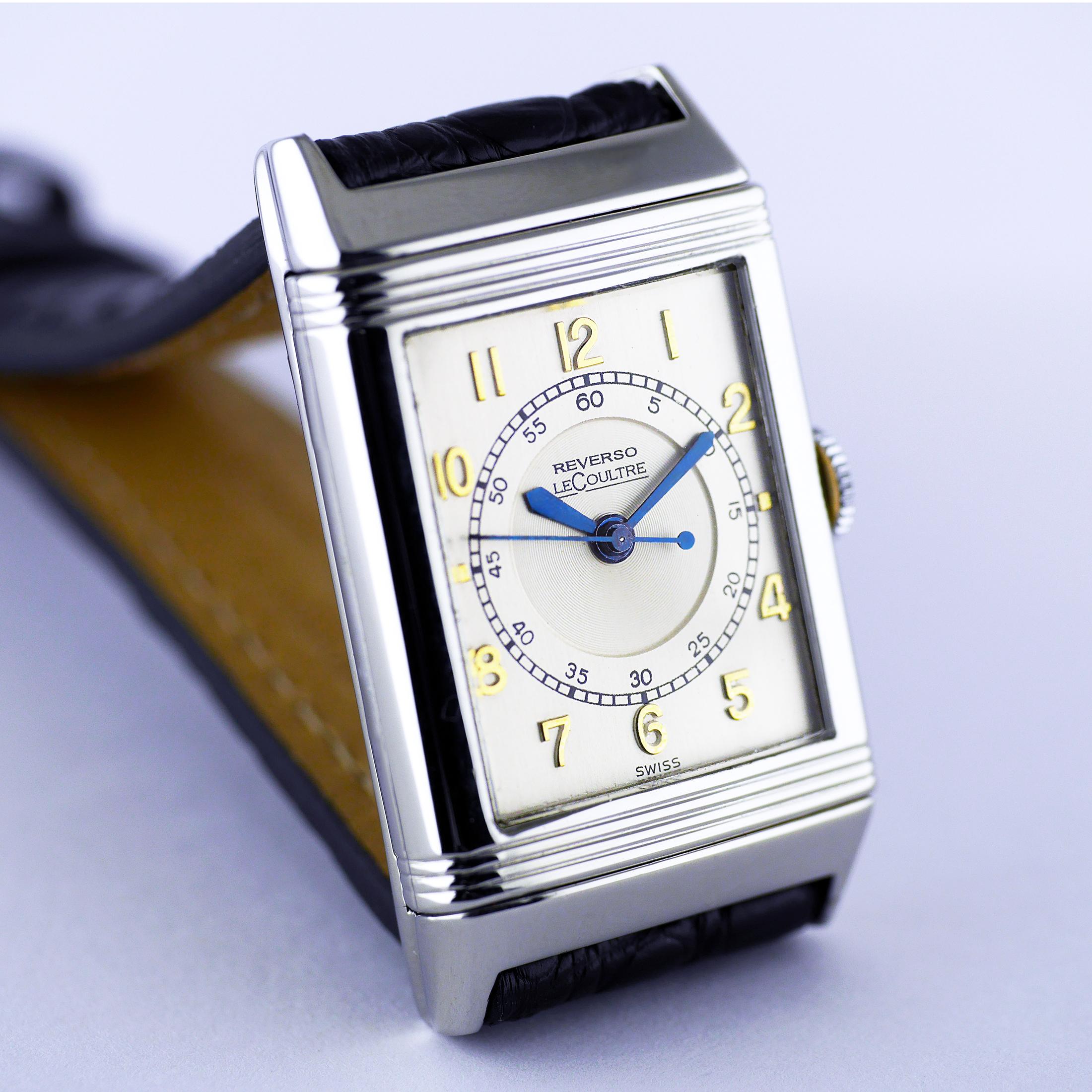 A fine and rare Art Deco Le Coultre Reverso wristwatch made in c1934.

The Reverso wristwatch was invented after a chance remark by Polo players in India during the colonial period, bemoaning that the glass on their watches was being smashed during