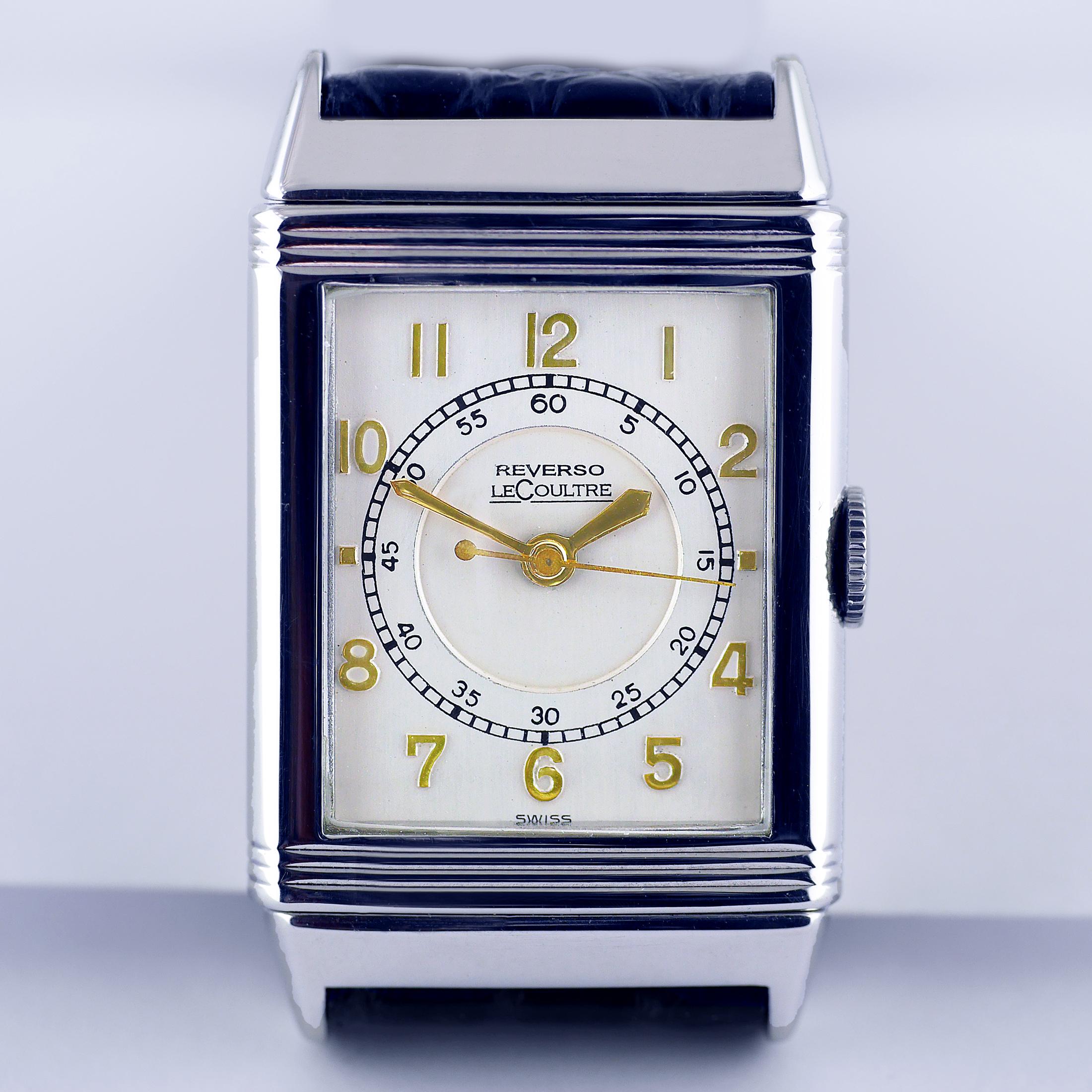 A fine and rare Art Deco Le Coultre Reverso wristwatch made in c1934.

The Reverso wristwatch was invented after a chance remark by Polo players in India during the colonial period, bemoaning that the glass on their watches was being smashed during