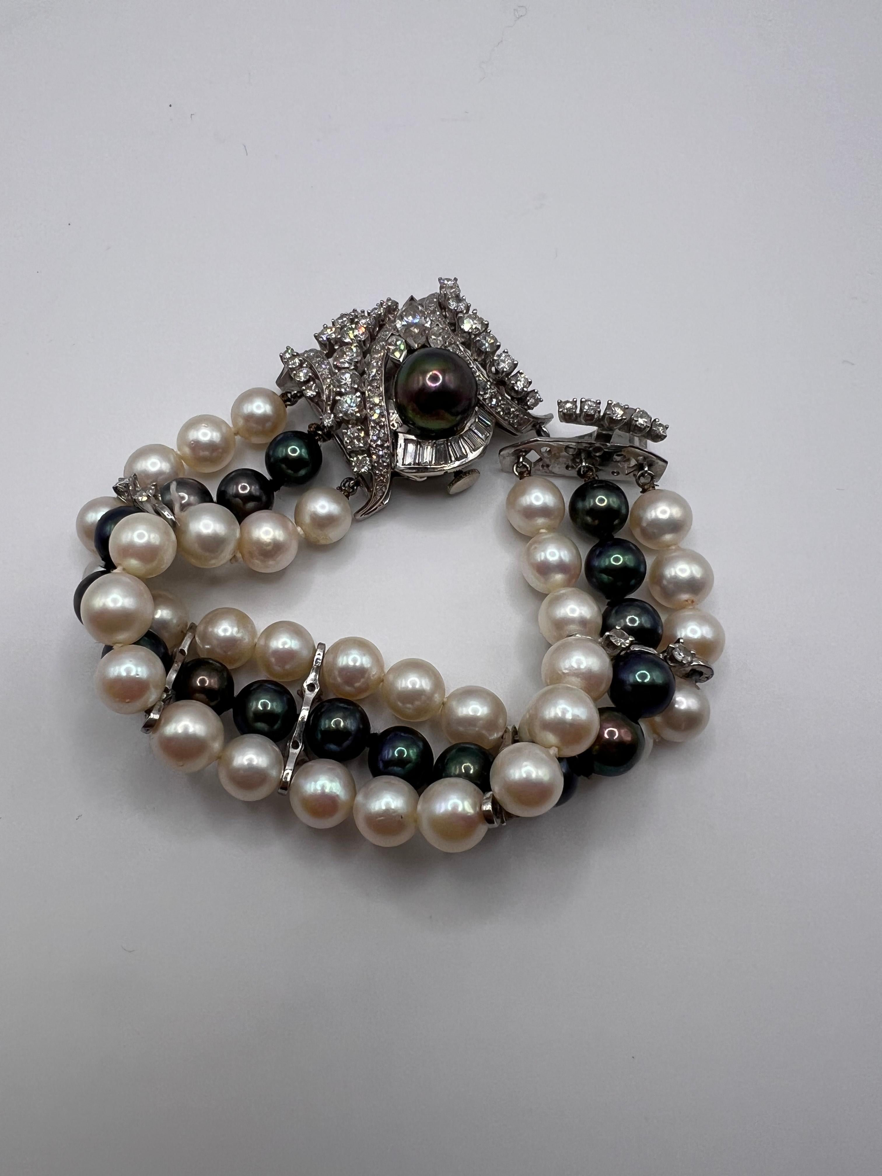 Round Cut Le Courie 14kt White Gold, Diamond and Black and White Pearl Covered Watch For Sale