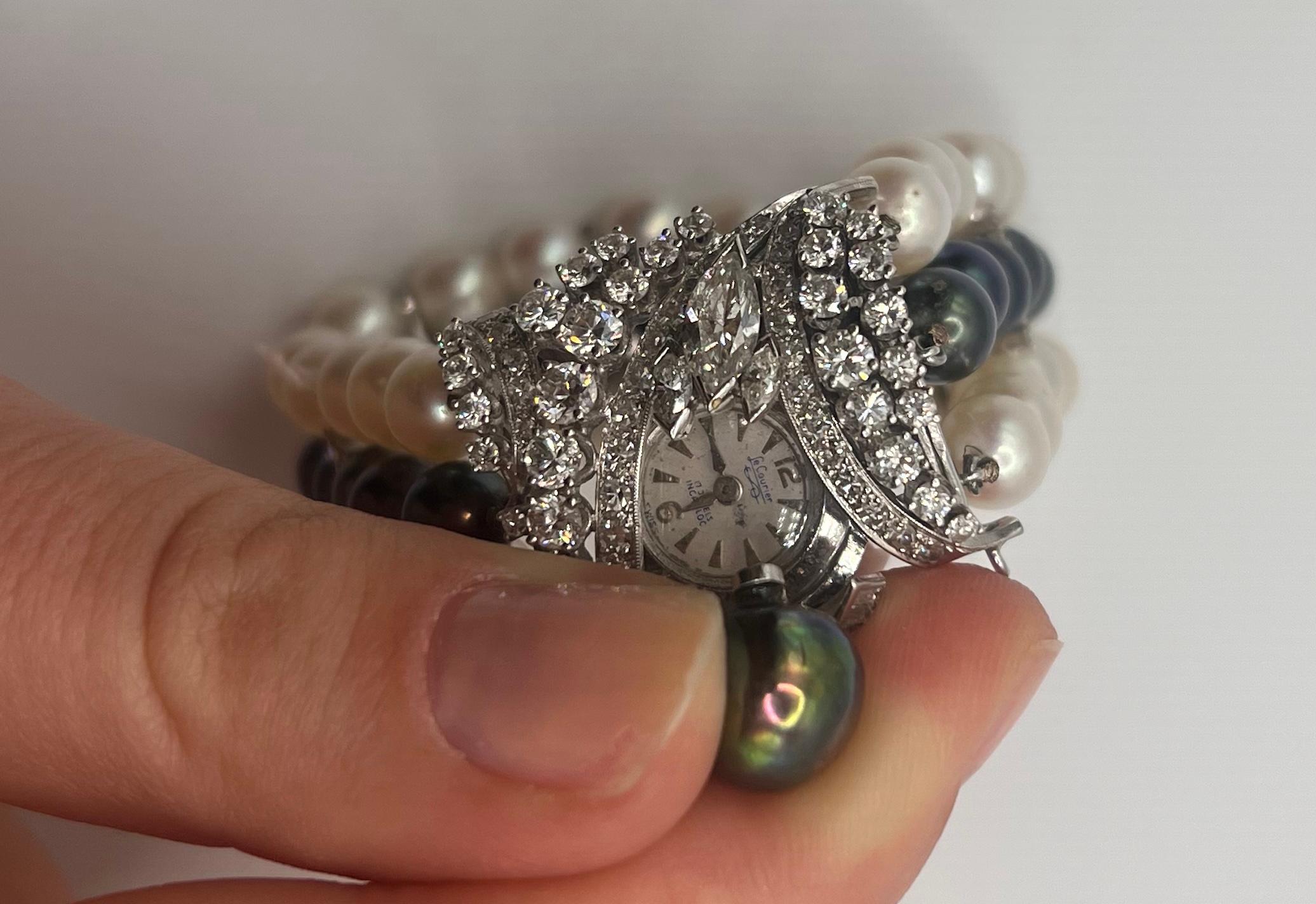 Women's Le Courie 14kt White Gold, Diamond and Black and White Pearl Covered Watch For Sale