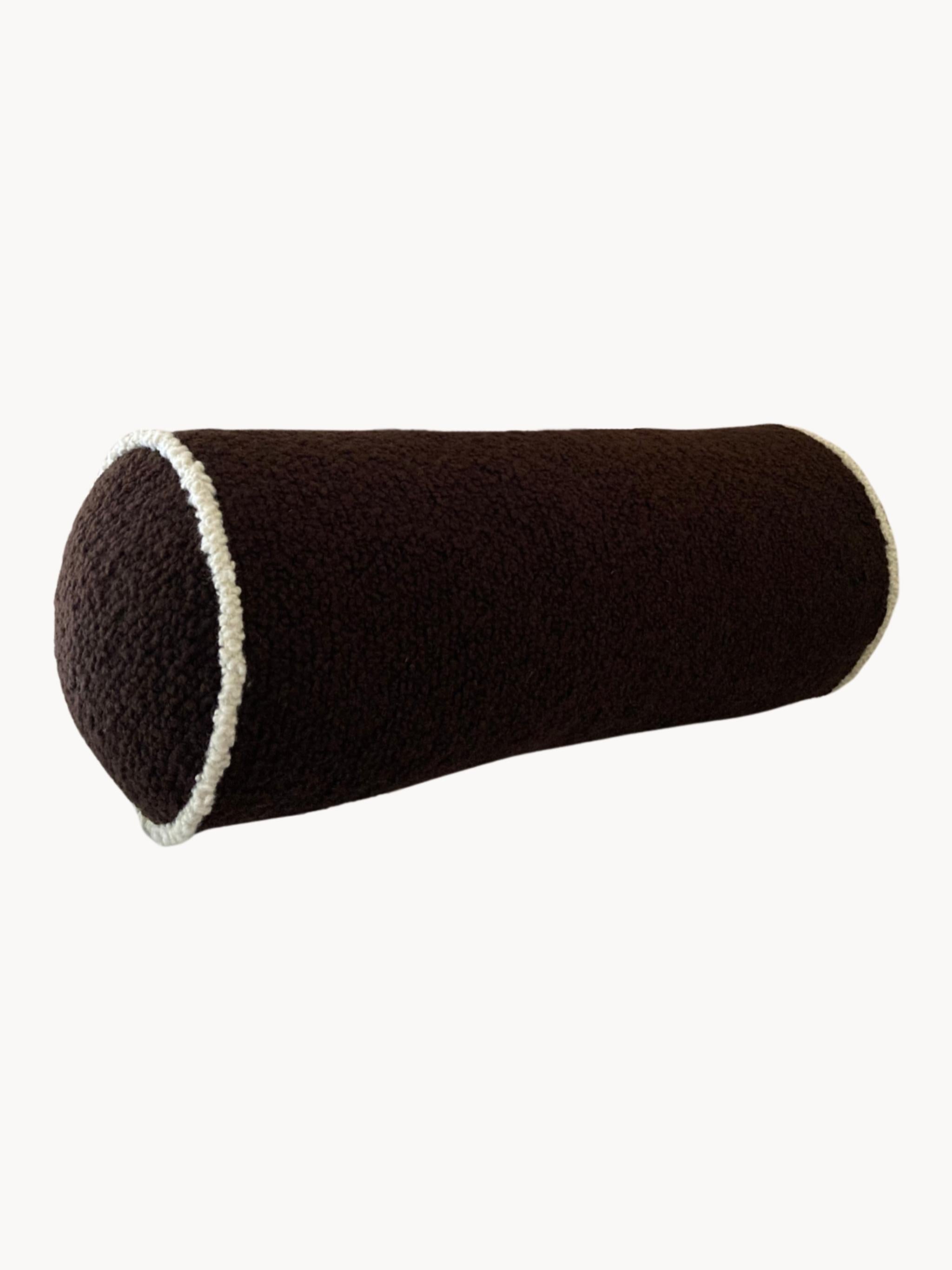Modern Le Cylindre Piped Wool Bouclé Bolster Cushion, Chocolate/Egg White For Sale