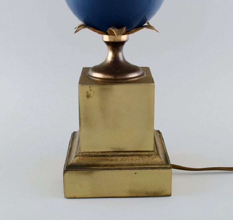 French Le Dauphin, France, Table Lamp with Blue Orb and Brass Base with Leaves