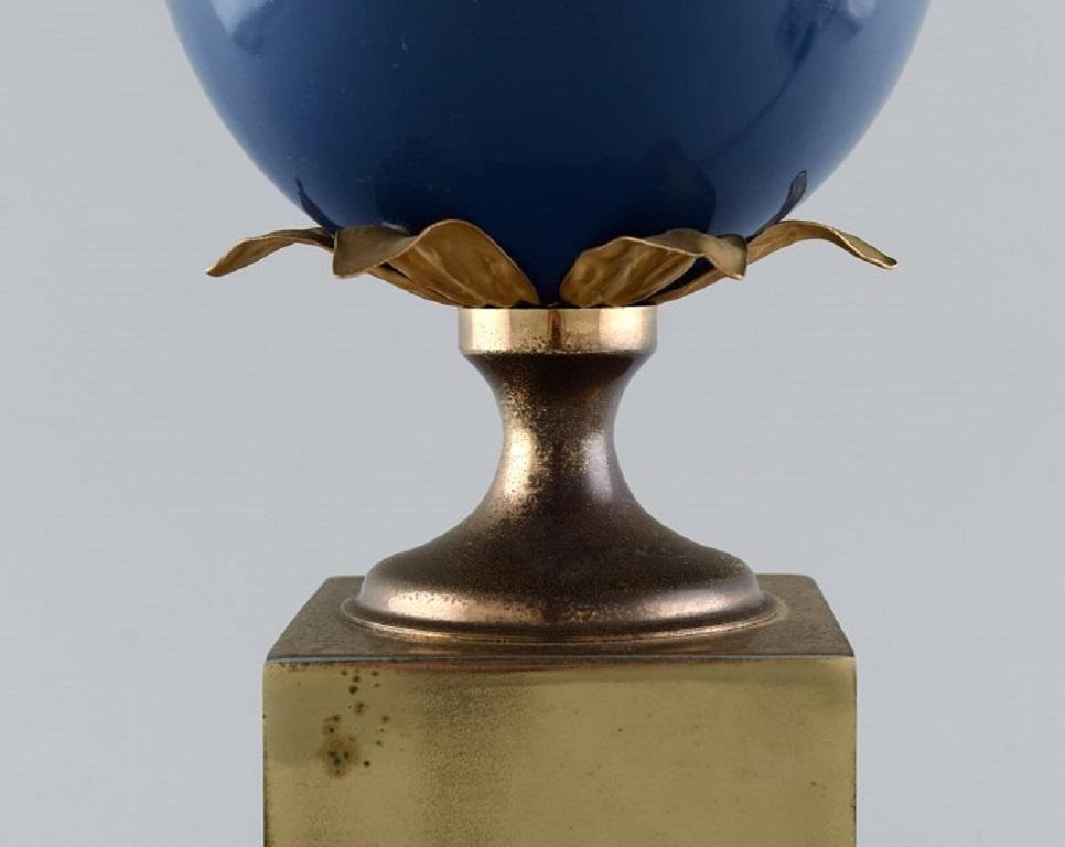 Mid-20th Century Le Dauphin, France, Table Lamp with Blue Orb and Brass Base with Leaves