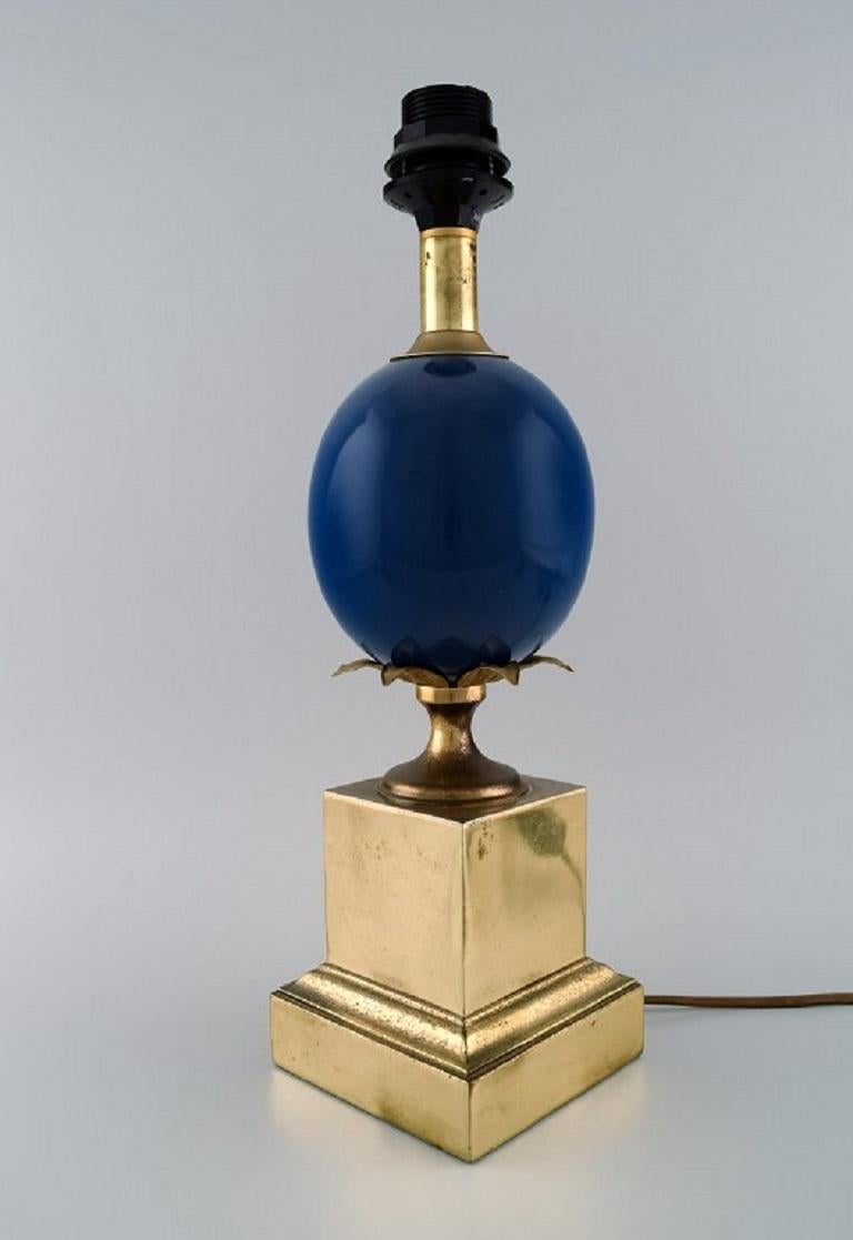 Le Dauphin, France, Table Lamp with Blue Orb and Brass Base with Leaves 1