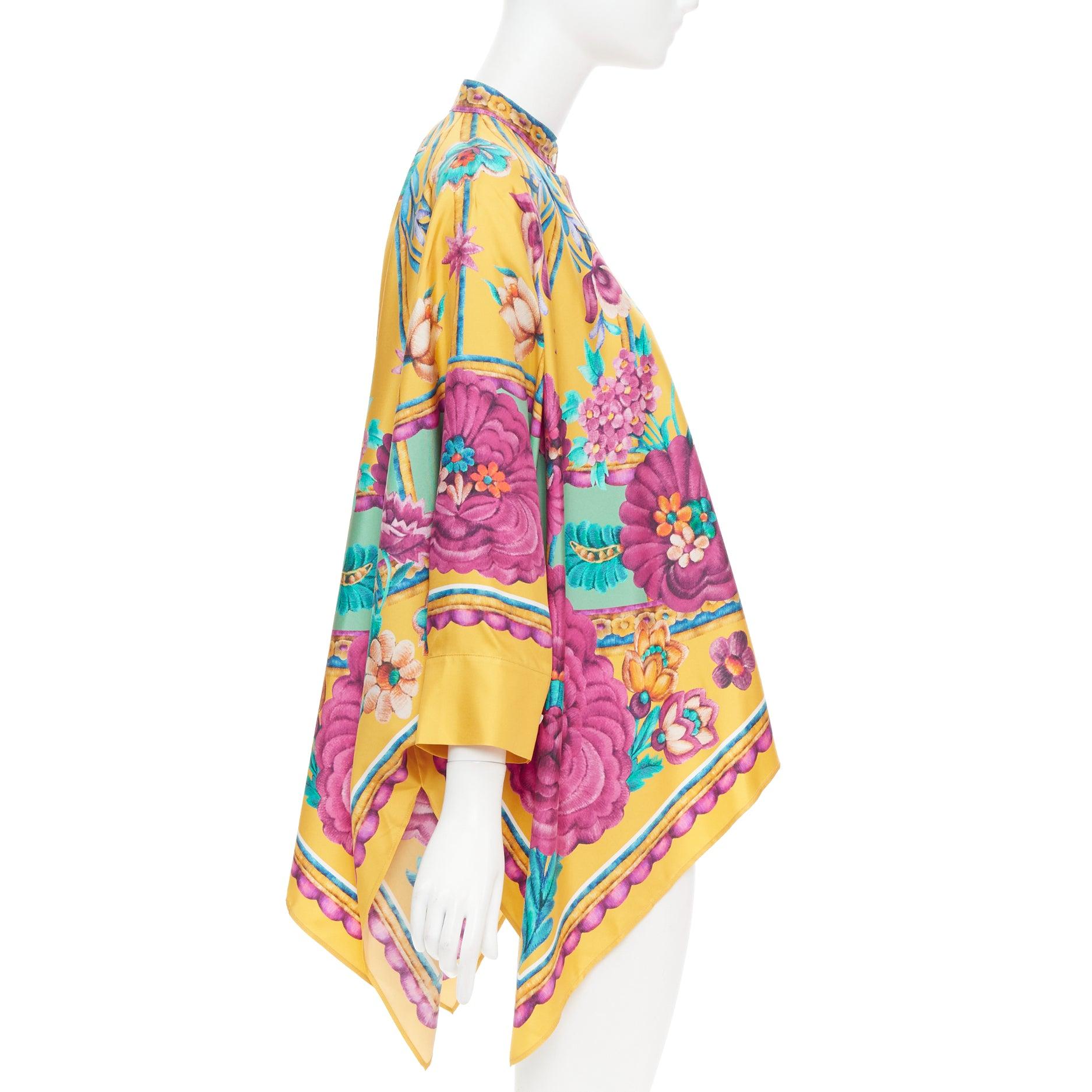 LE DOUBLE J Edición 36 Foulard 100% seda rosa dorado estampado floral caftán camisa XS Beige en venta
