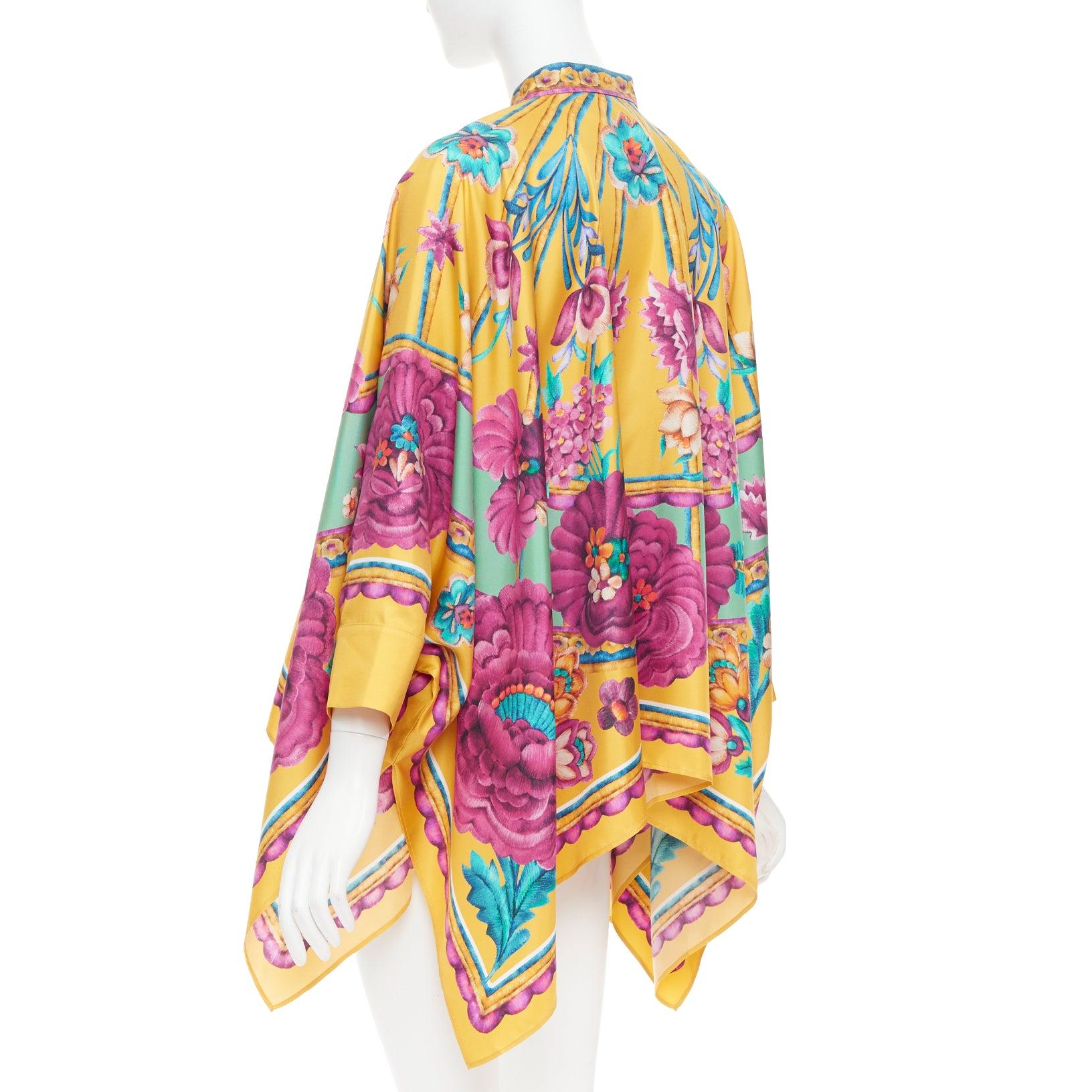 LE DOUBLE J Edición 36 Foulard 100% seda rosa dorado estampado floral caftán camisa XS en venta 1