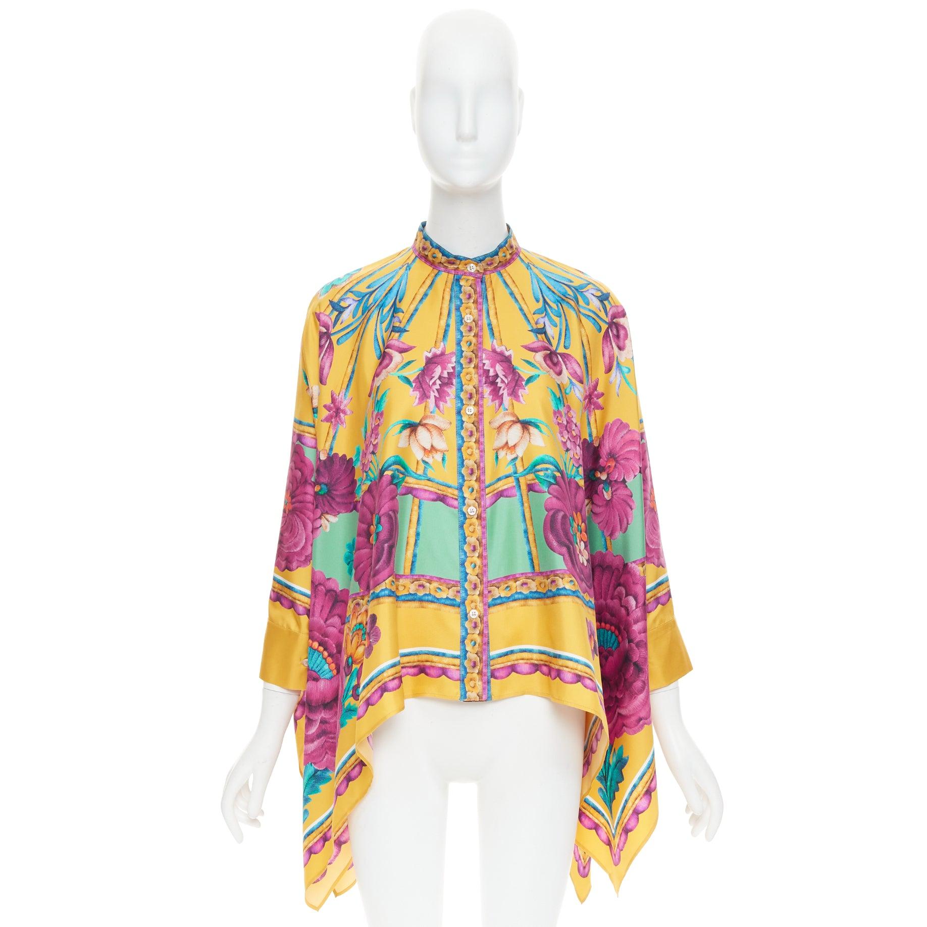 LE DOUBLE J Edición 36 Foulard 100% seda rosa dorado estampado floral caftán camisa XS en venta 4