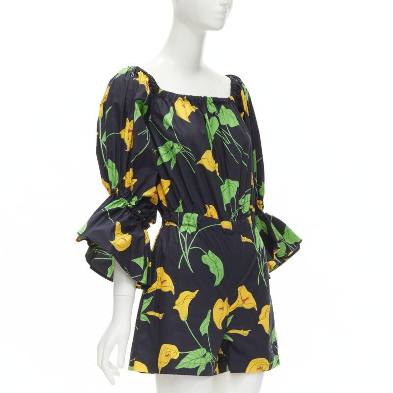 Noir LE DOUBLE J Mantero - Manchette évasée en coton imprimé feuilles noires, vertes et jaunes XS en vente