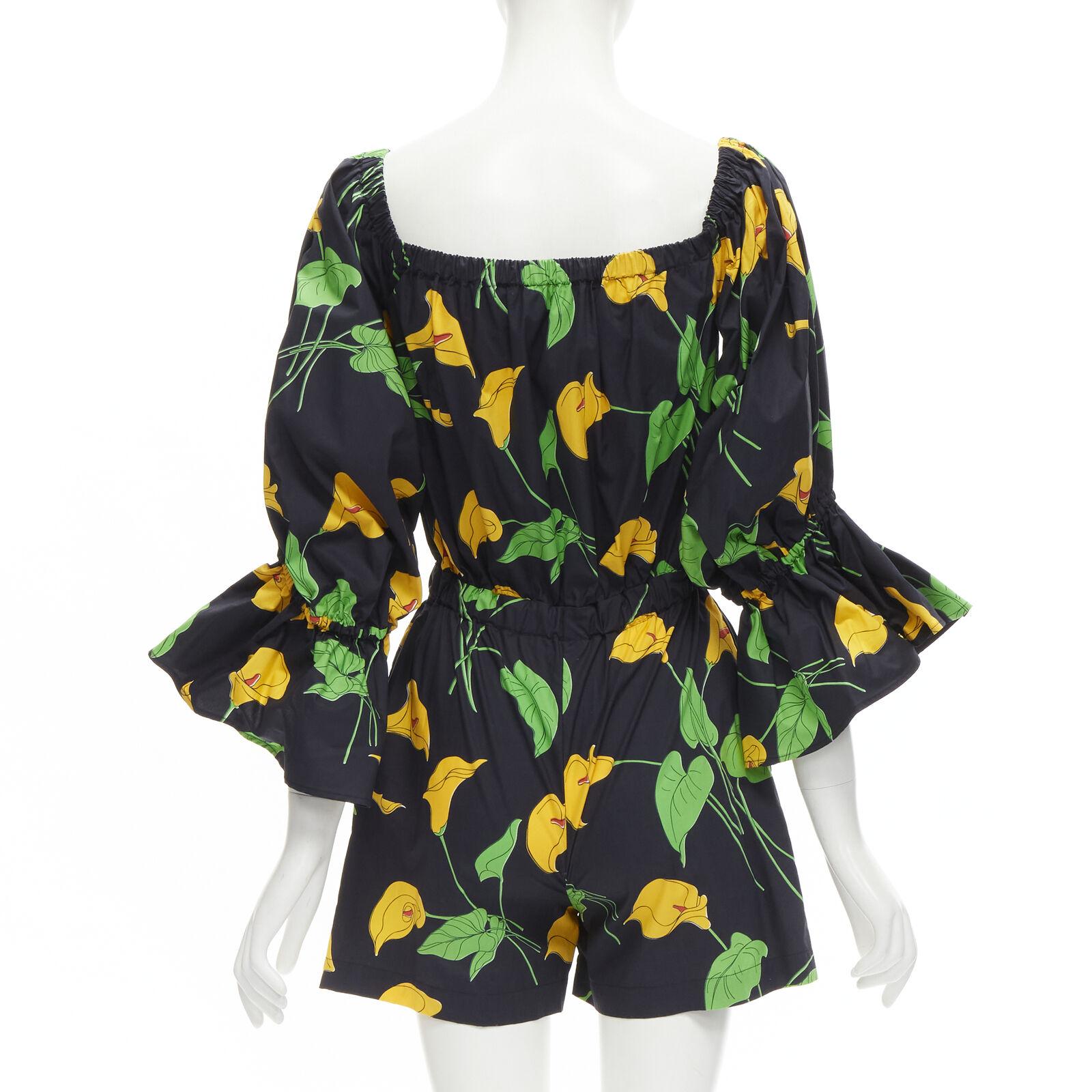 LE DOUBLE J Mantero black green yellow leaf print cotton flared cuff romper XS In Excellent Condition For Sale In Hong Kong, NT