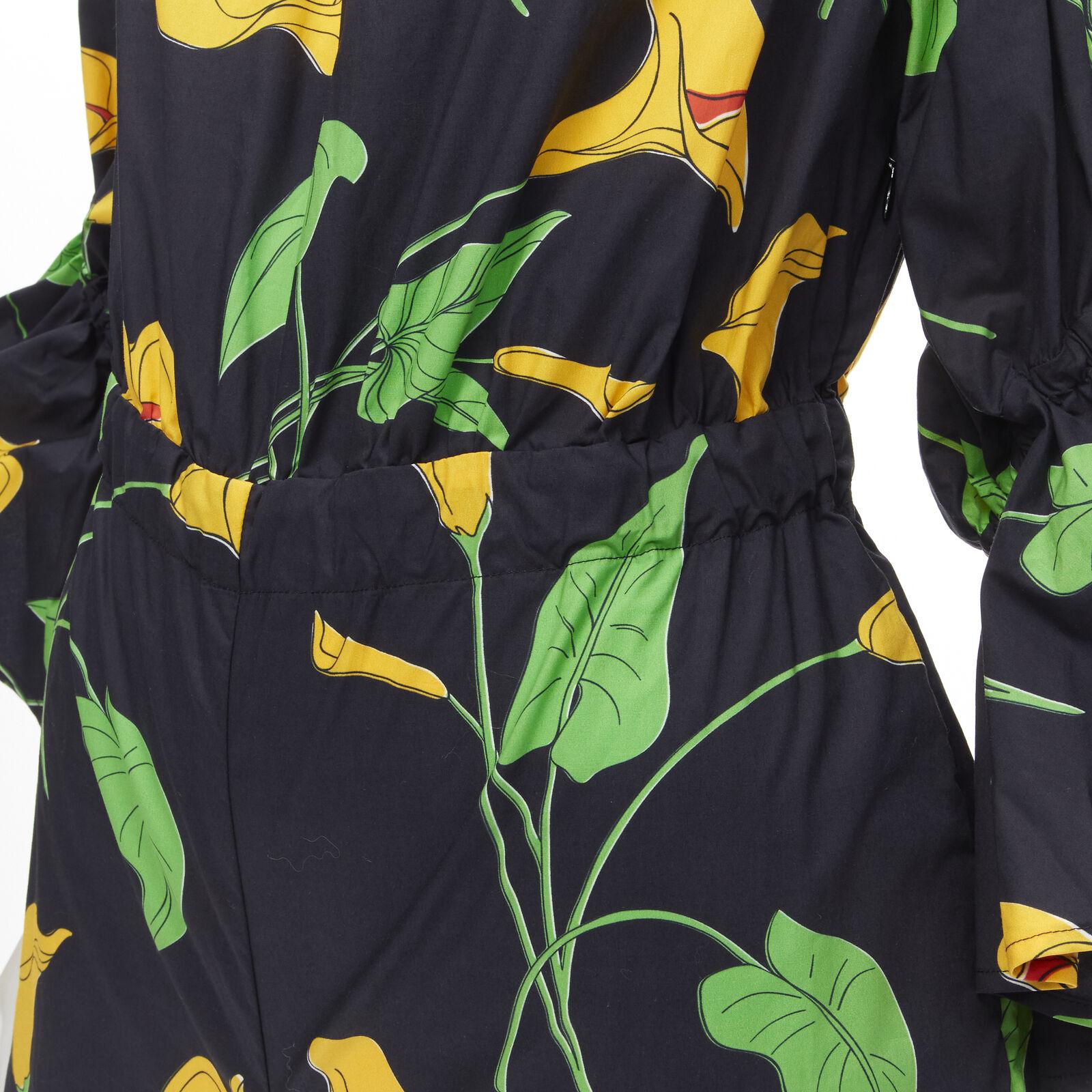 LE DOUBLE J Mantero black green yellow leaf print cotton flared cuff romper XS For Sale 2