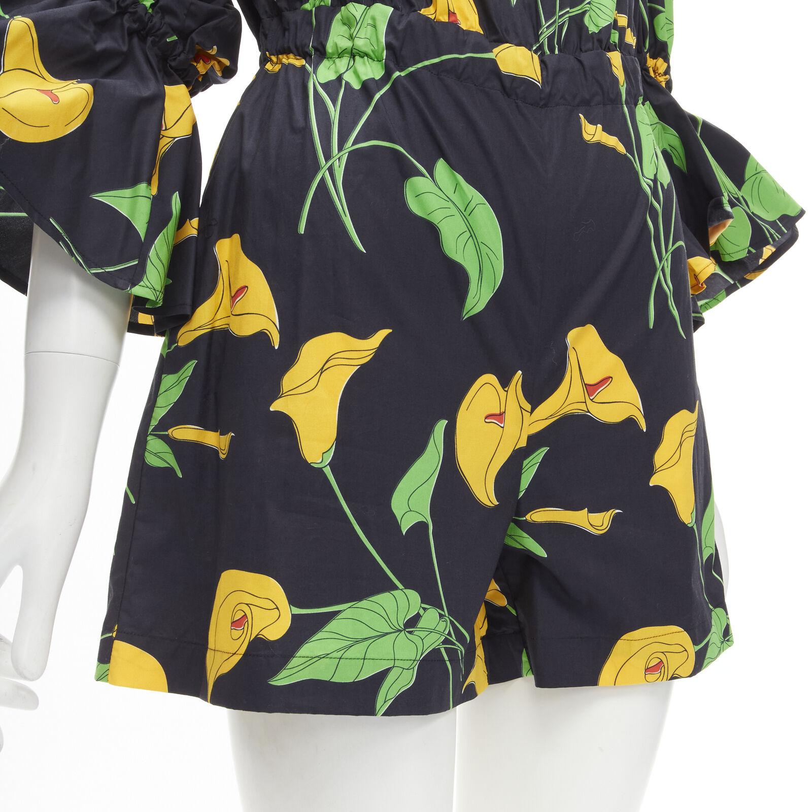 LE DOUBLE J Mantero black green yellow leaf print cotton flared cuff romper XS For Sale 3