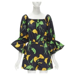 LE DOUBLE J Mantero nero verde giallo stampa foglie cotone pagliaccetto svasato XS