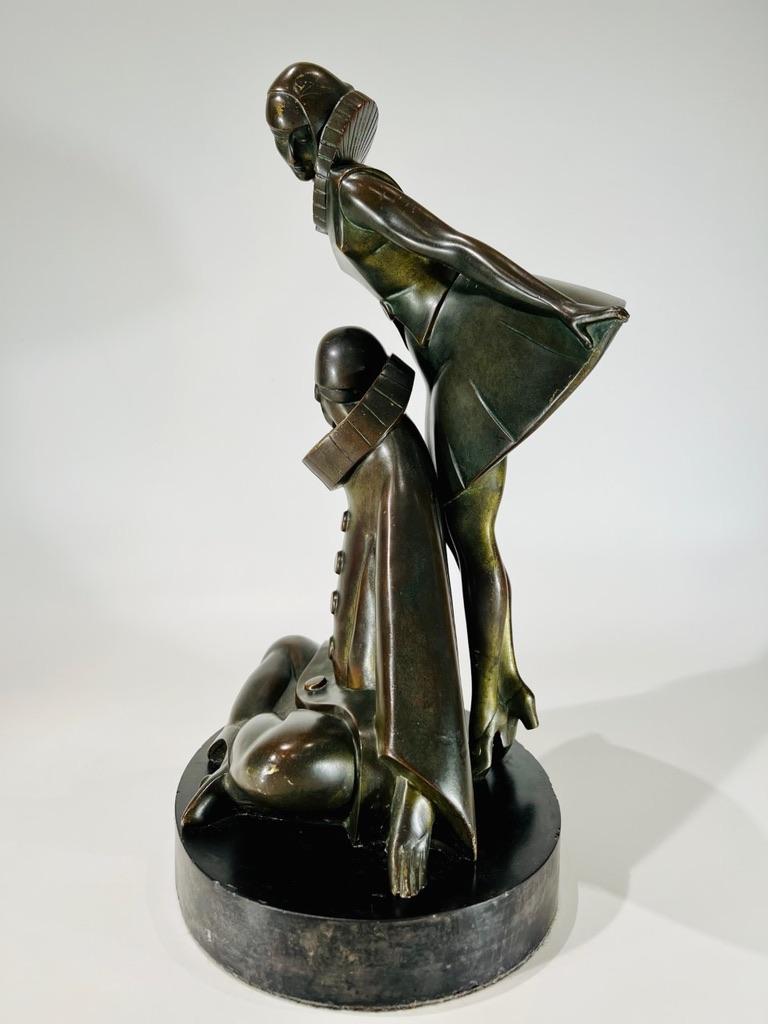 Milieu du XXe siècle Le Faguays bronze Art Déco Perroquet et Columbine signé en vente