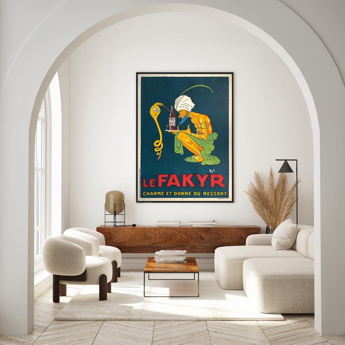 Wonderfully (snake) charming design by Michel 'Mich' Liebeaux features on this vintage French liqueur poster for aperitif Le Fakyr. We love the strong colours and styling on this original poster from circa 1920. 

This vintage poster is sized 47 X